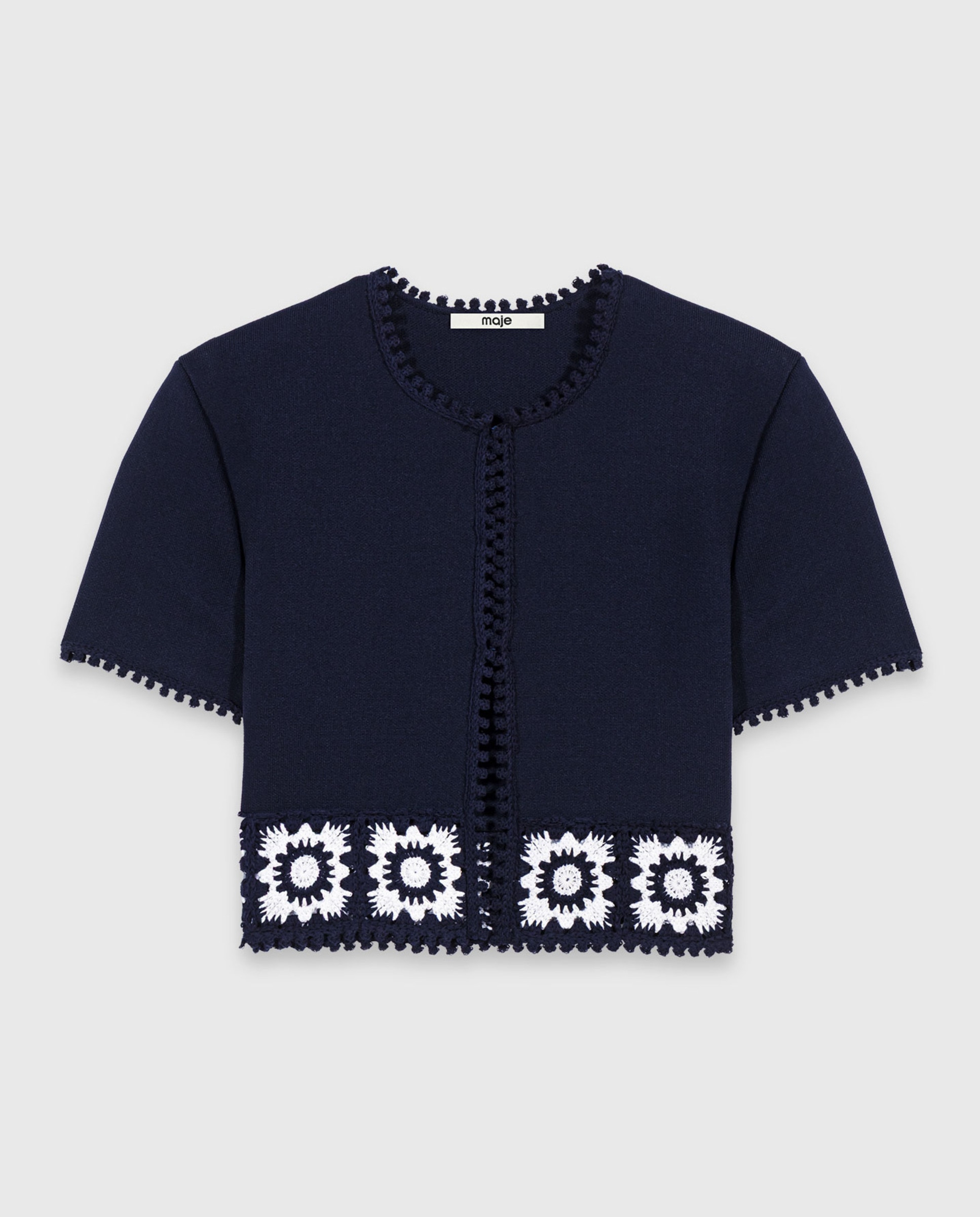 Cárdigan de punto de mujer con ganchillo floral y bordes festoneados - Maje - Azul marino Azul marino-8