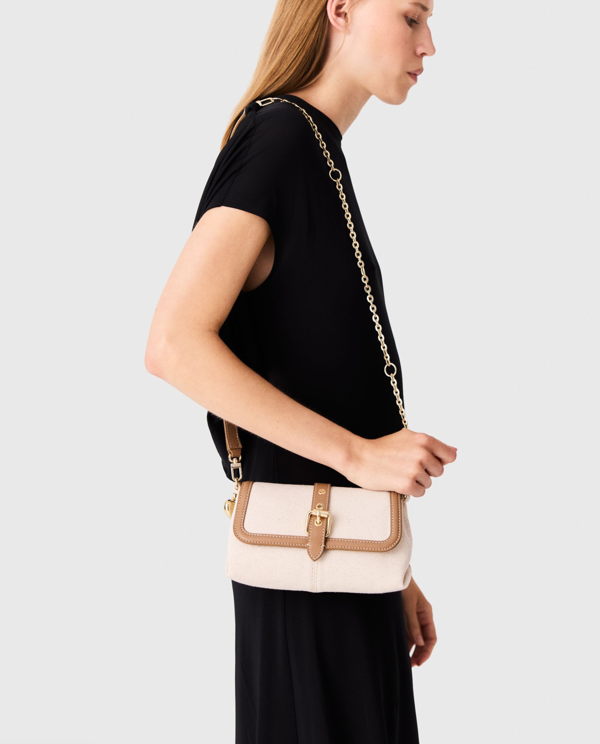 Bandolera de mujer multiposición compacta en lona y piel - Maje - Crudo Crudo-4