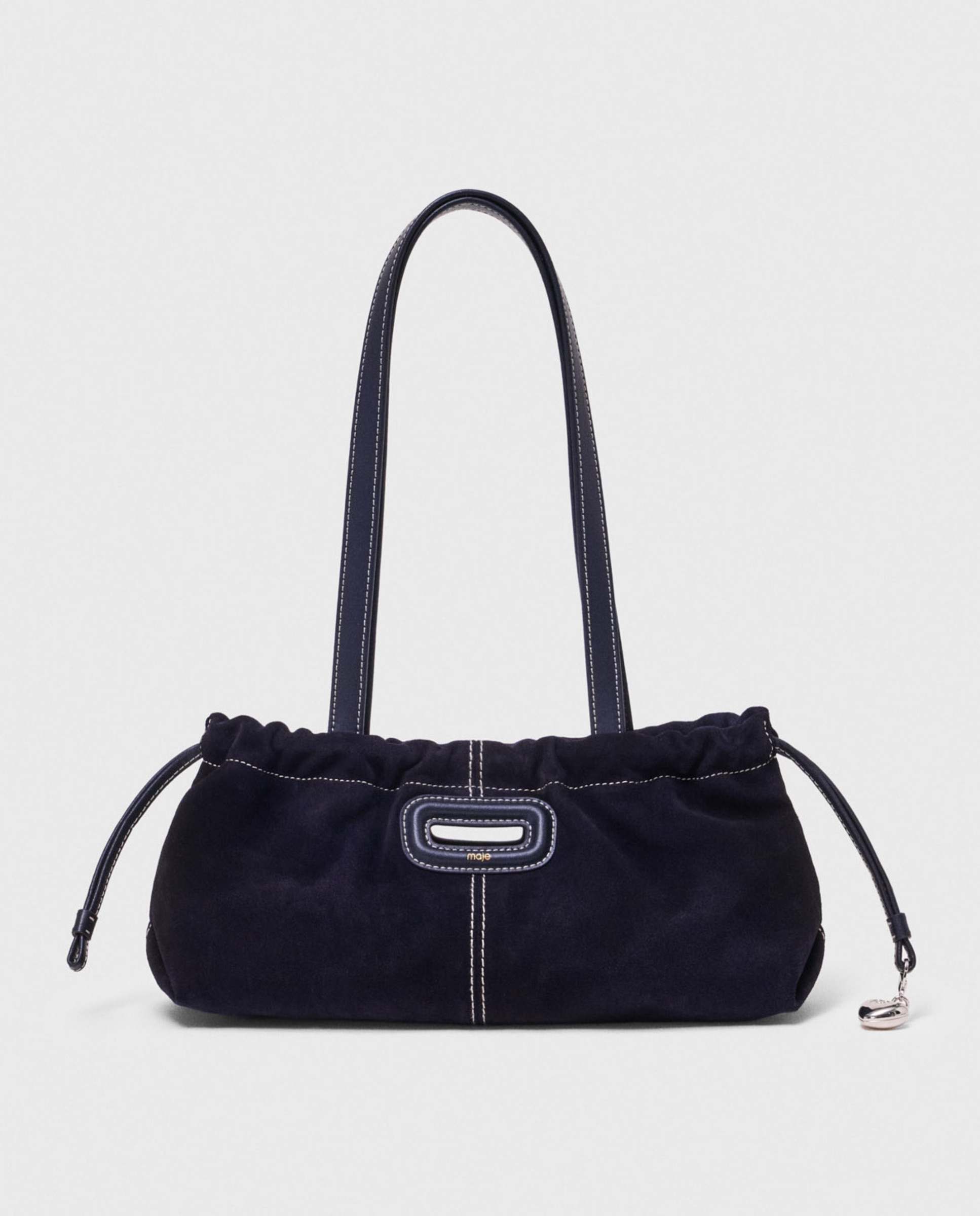 Bolso de hombro gazette de ante pespunteado con cordón ajustable - Maje - Azul marino Azul marino-1