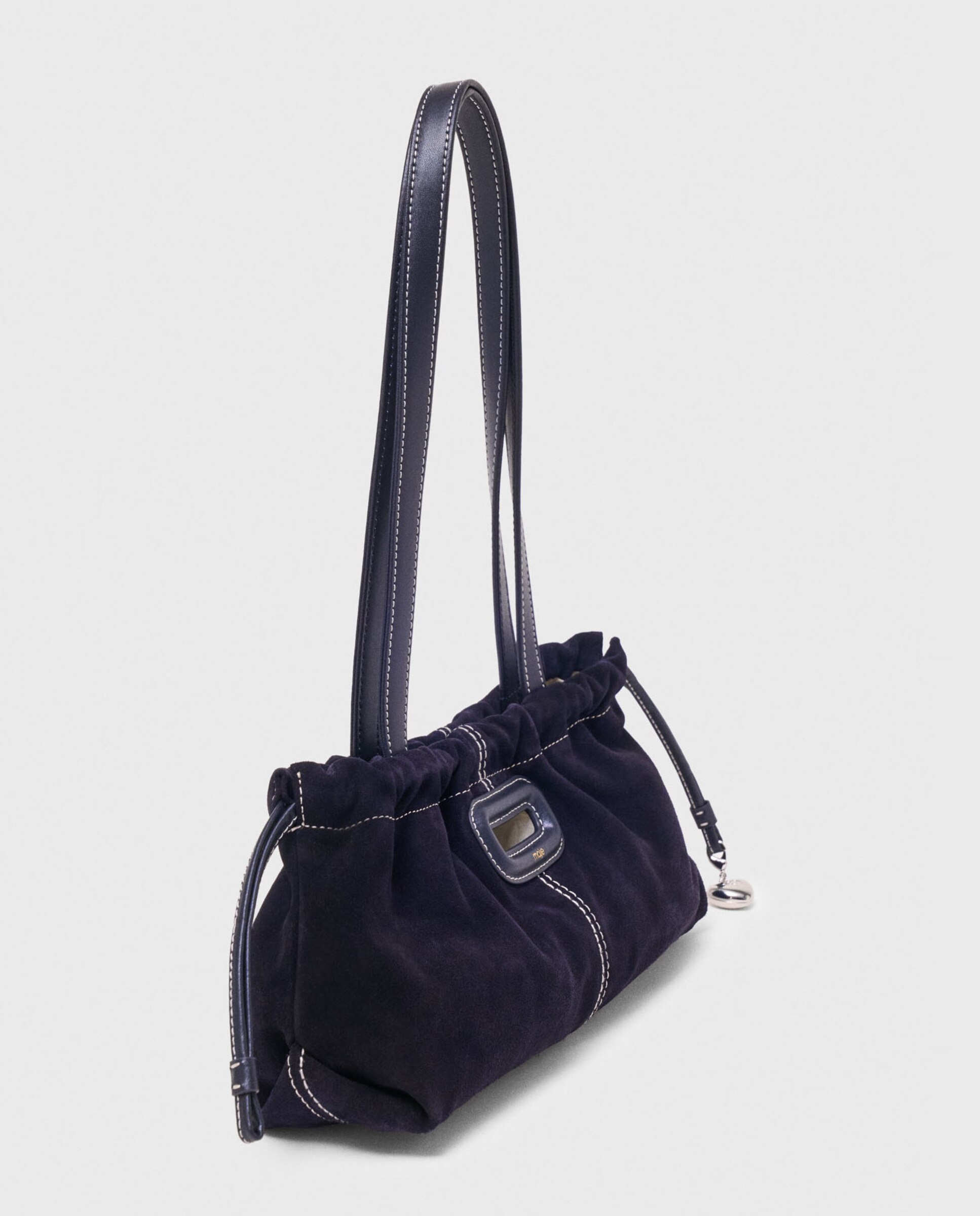 Bolso de hombro gazette de ante pespunteado con cordón ajustable - Maje - Azul marino Azul marino-5