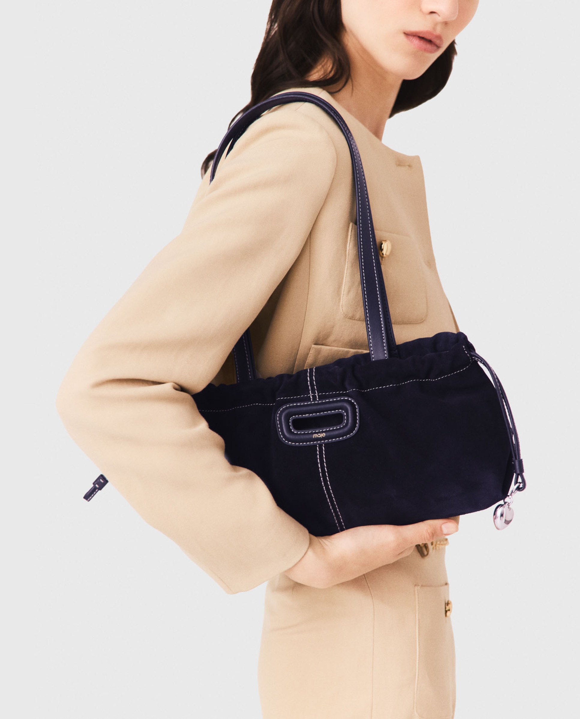 Bolso de hombro gazette de ante pespunteado con cordón ajustable - Maje - Azul marino Azul marino-2