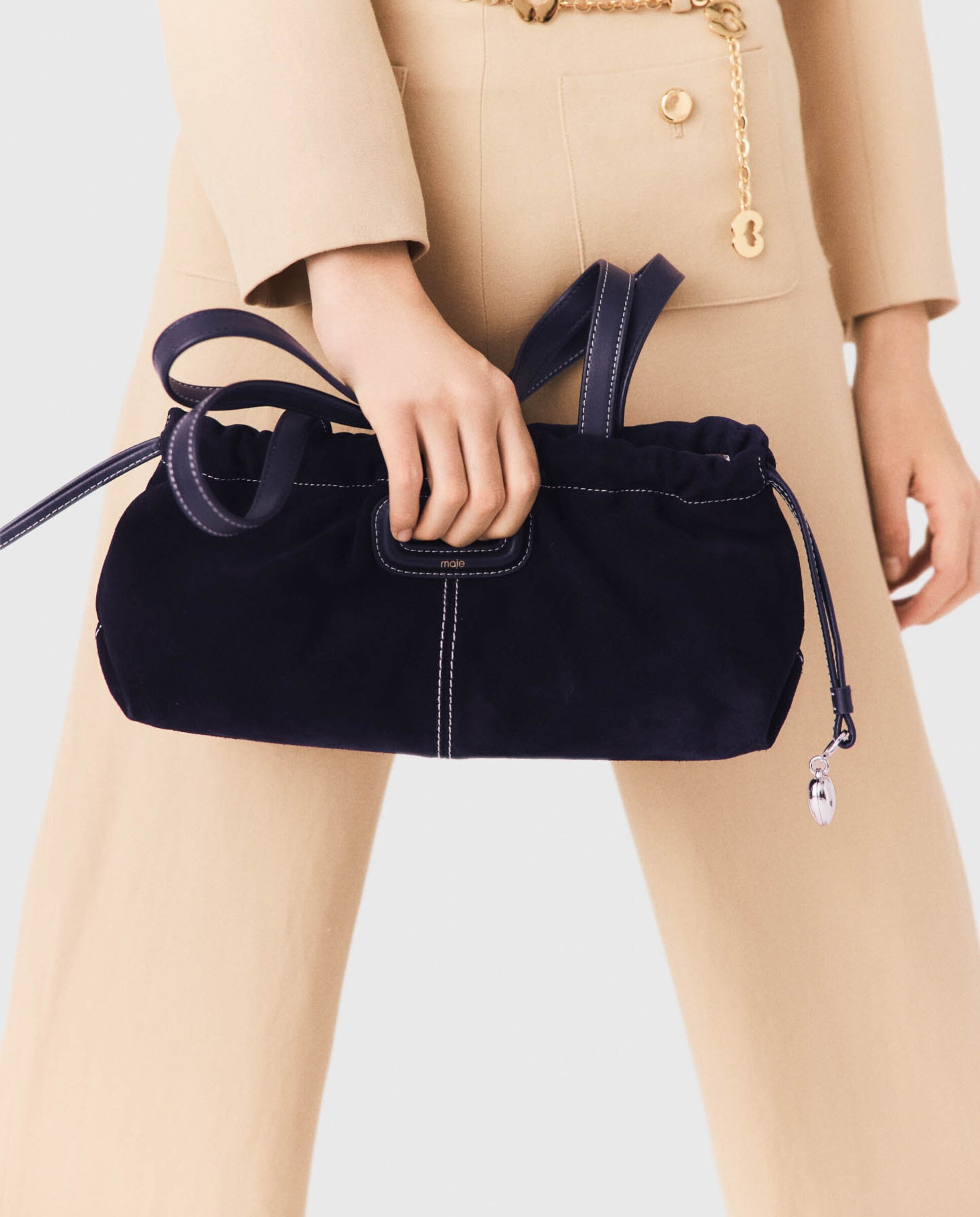 Bolso de hombro gazette de ante pespunteado con cordón ajustable - Maje - Azul marino Azul marino-3