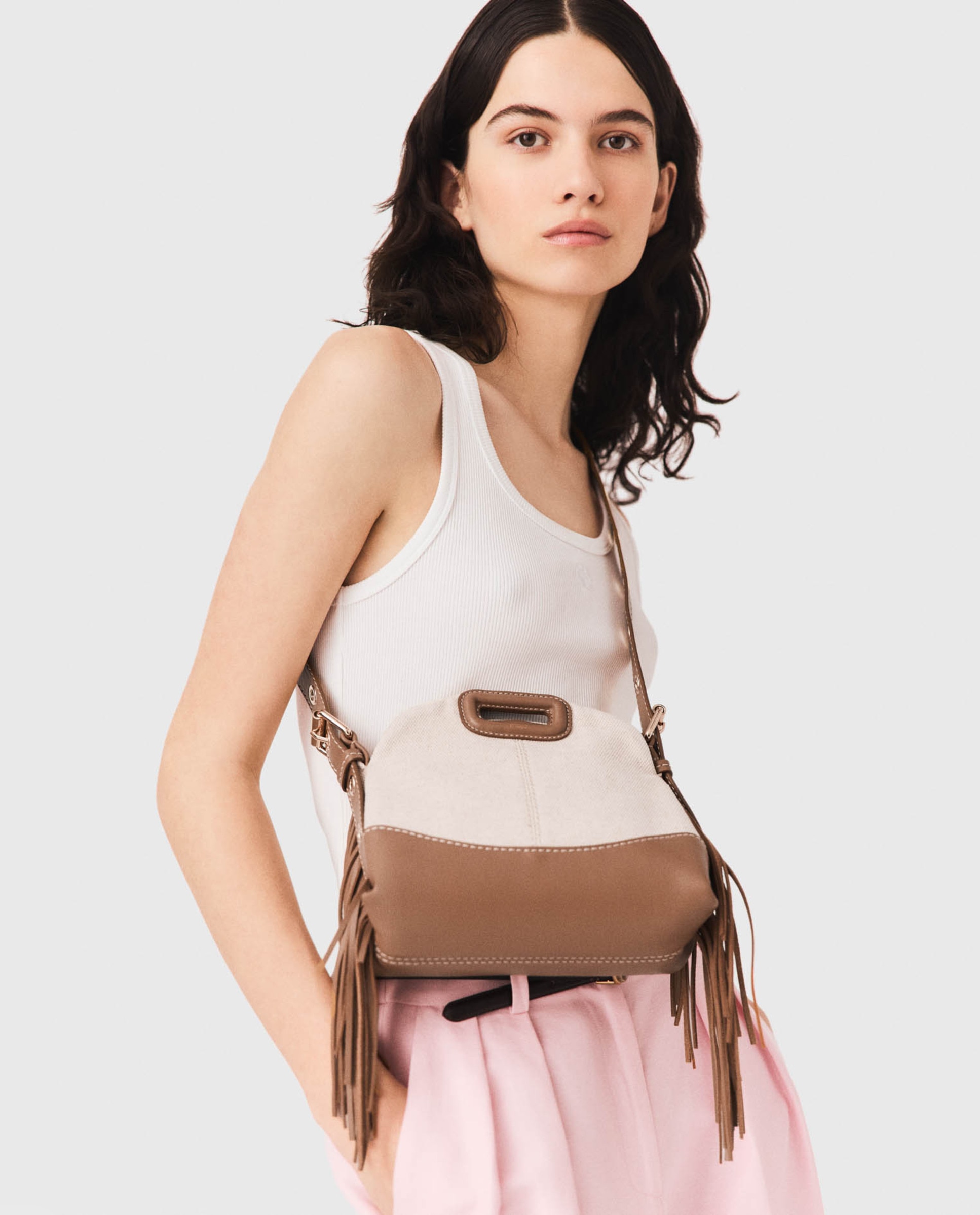 Bandolera de mujer mini de lona y piel con solapa multiposición - Maje - Crudo Crudo-2