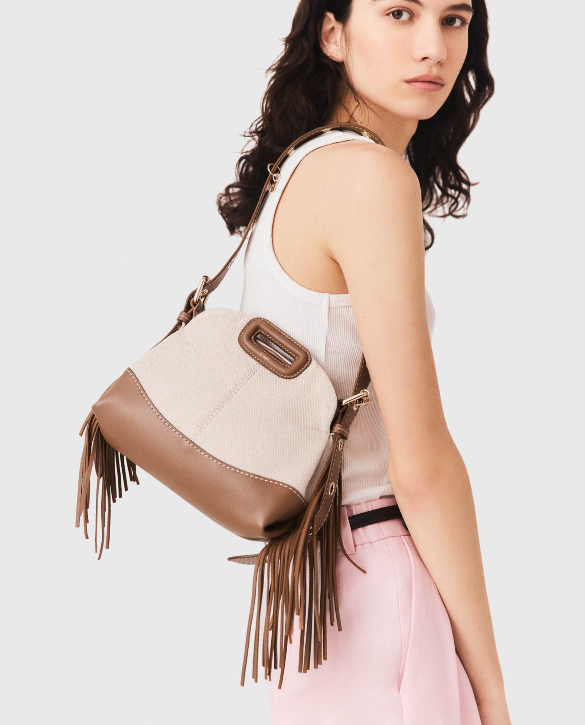 Bandolera de mujer mini de lona y piel con solapa multiposición - Maje - Crudo Crudo-3