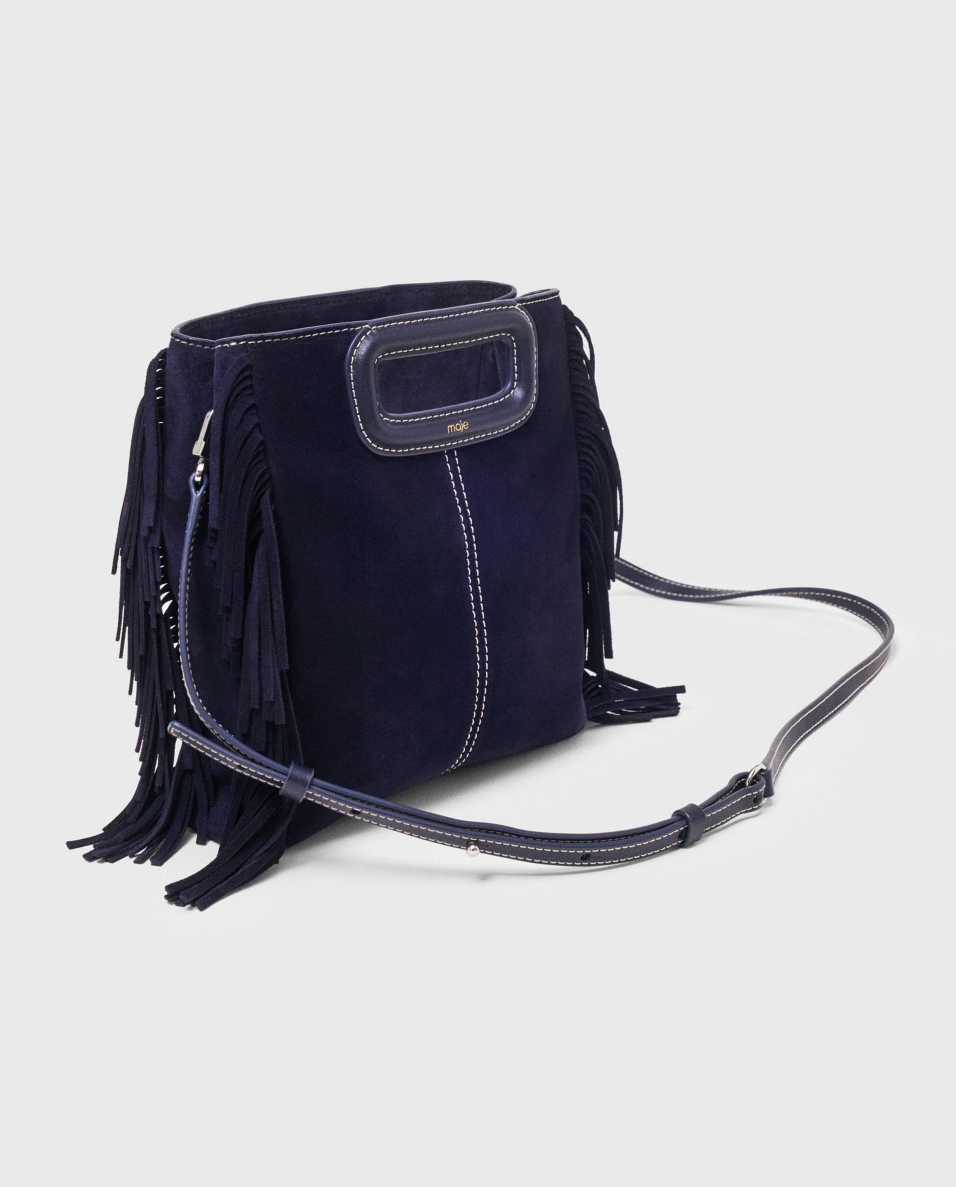 Bandolera mediana de ante pespunteada multiposición - Maje - Azul marino Azul marino-6
