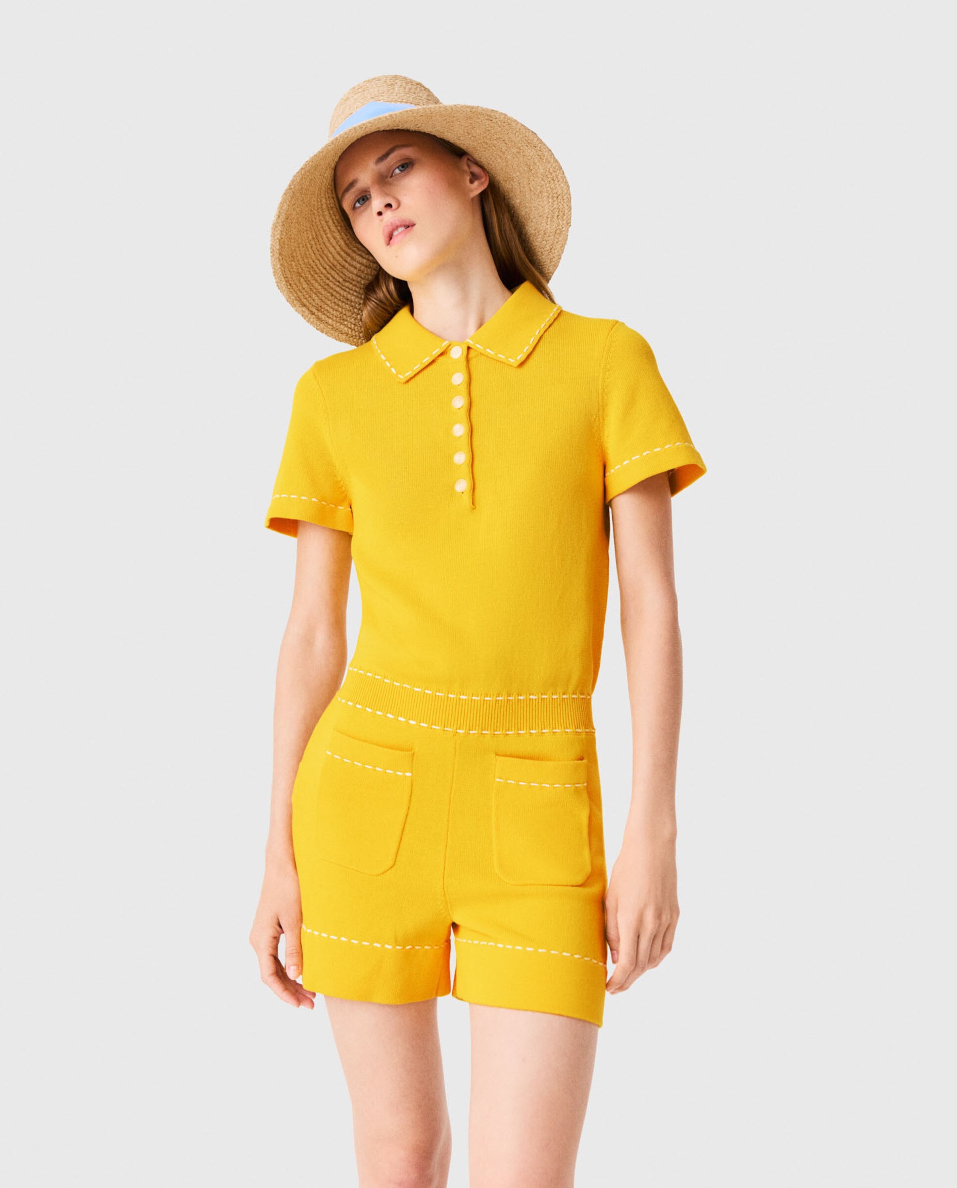 Mono de mujer corto 100% algodón con cuello polo - Maje - Amarillo Amarillo-6