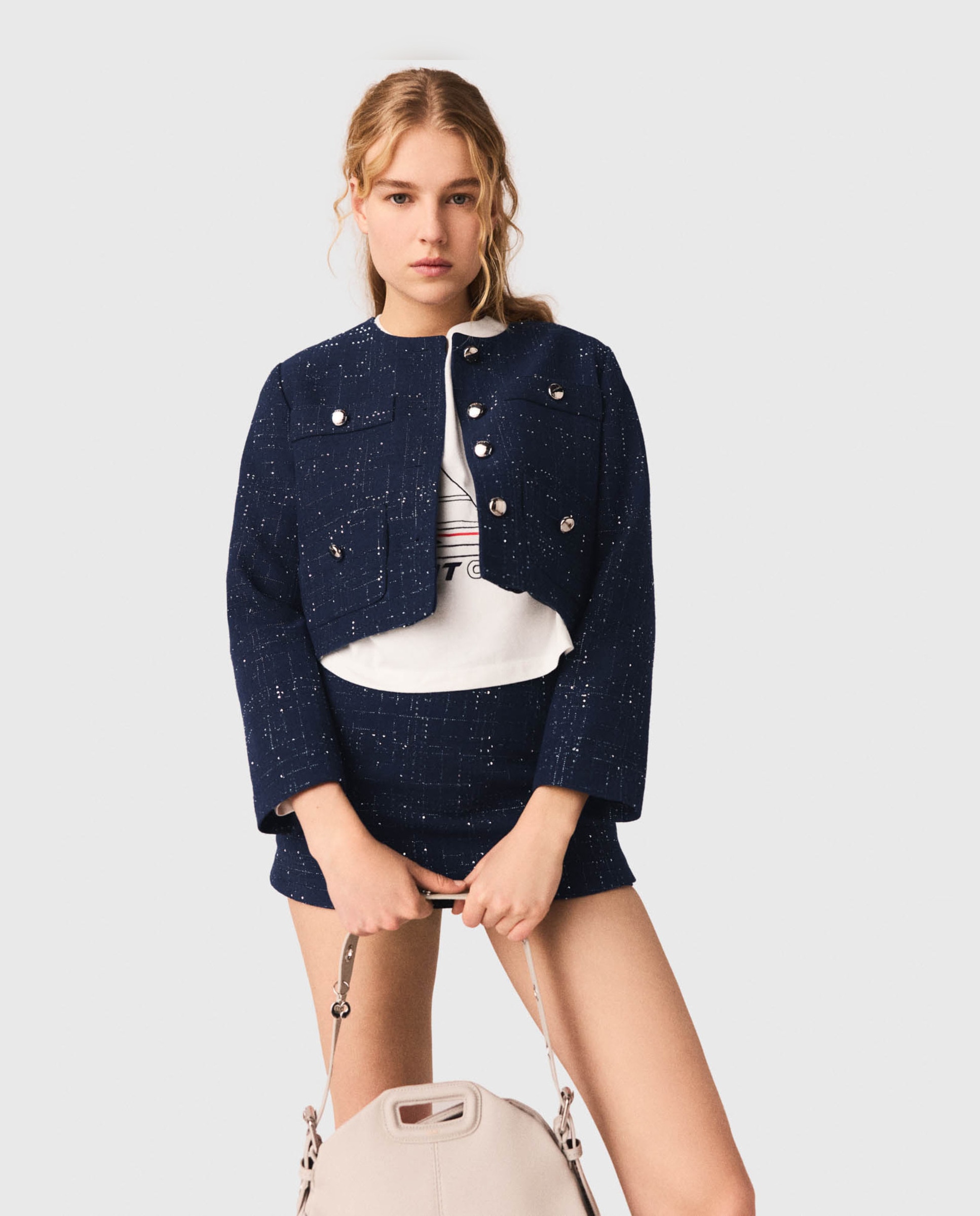 Imagen 0 de Chaqueta de mujer corta con tweed de cuadros y estrás Azul marino