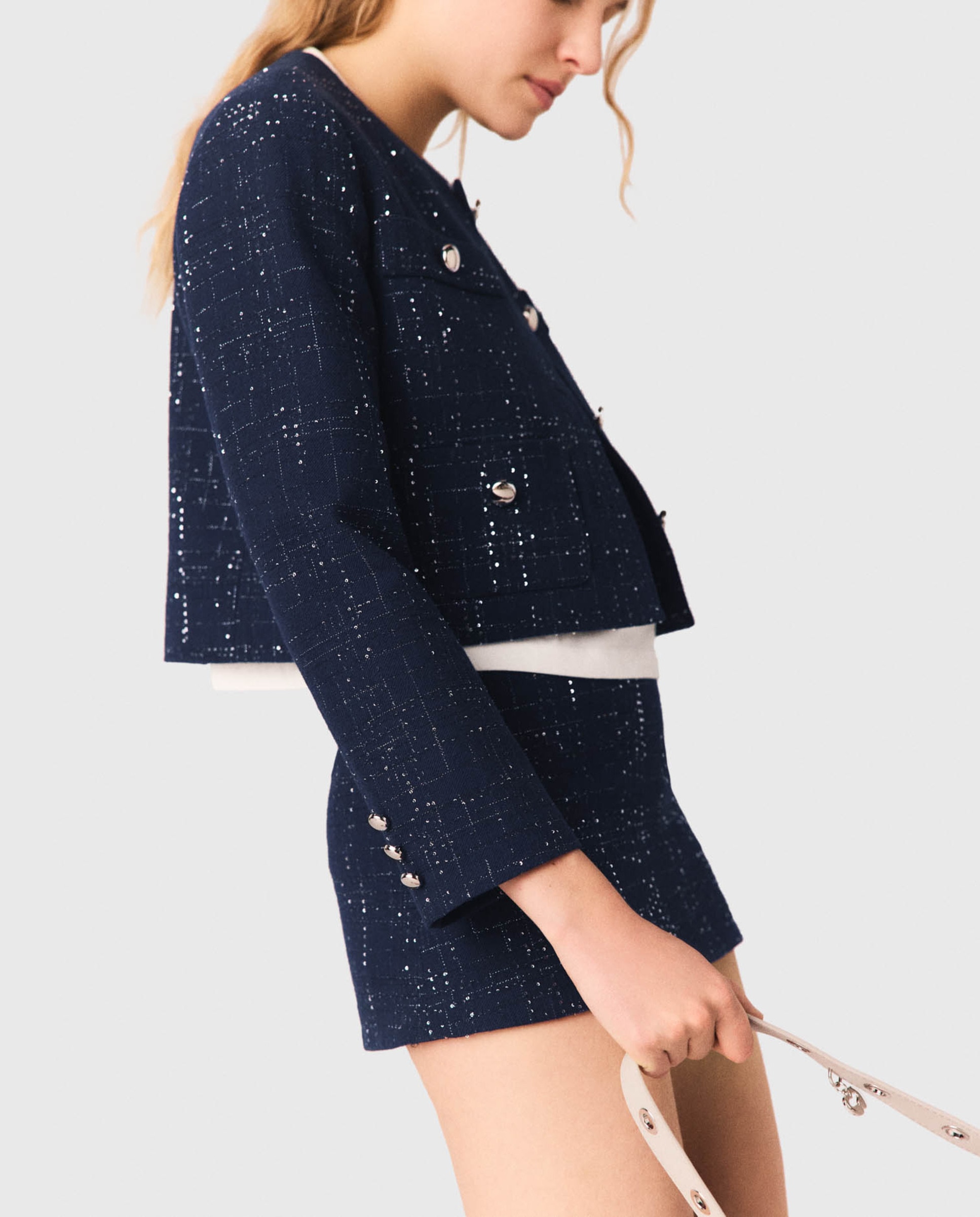 Chaqueta de mujer corta con tweed de cuadros y estrás - Maje - Azul marino Azul marino-3