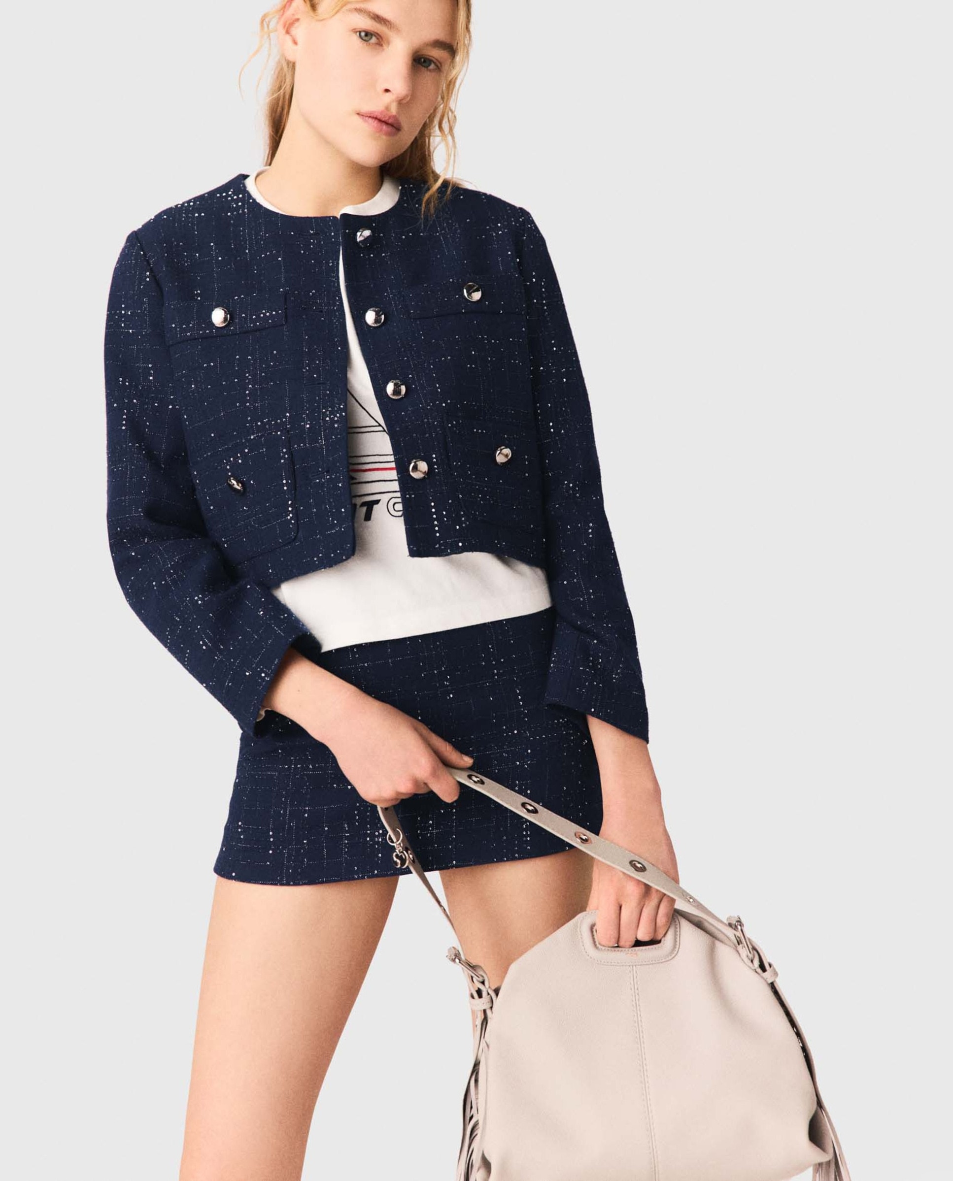 Chaqueta de mujer corta con tweed de cuadros y estrás - Maje - Azul marino Azul marino-5