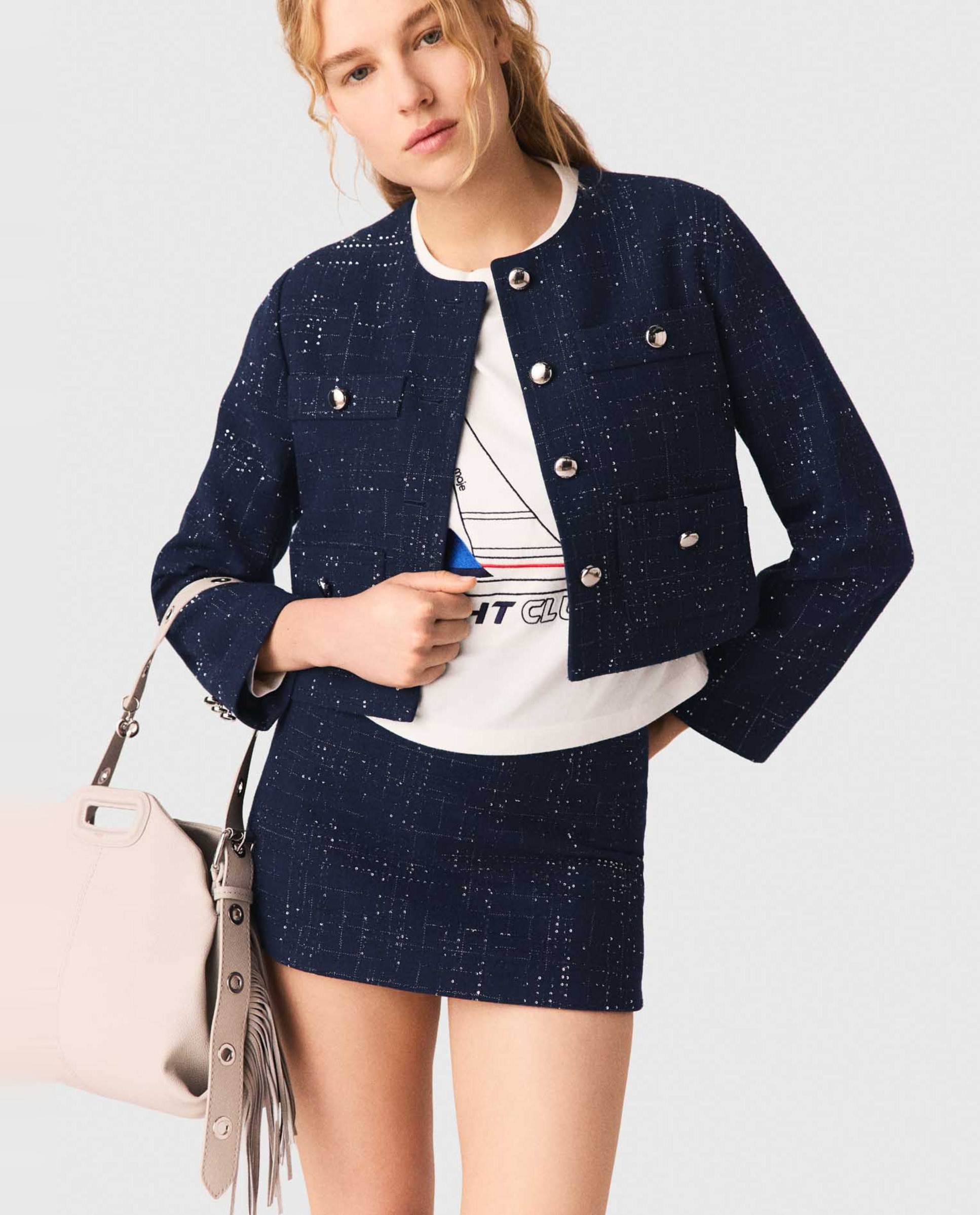 Chaqueta de mujer corta con tweed de cuadros y estrás - Maje - Azul marino Azul marino-6