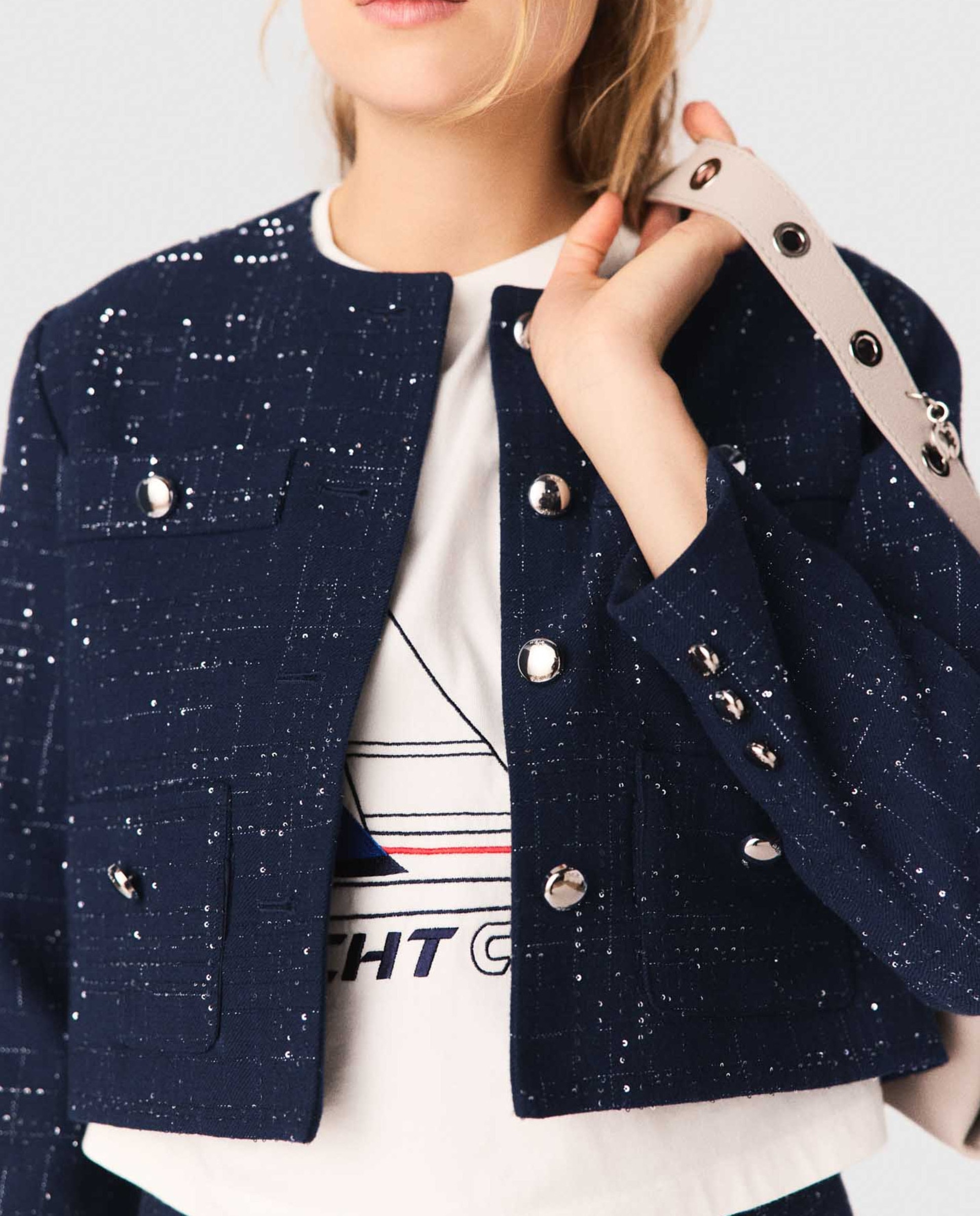 Chaqueta de mujer corta con tweed de cuadros y estrás - Maje - Azul marino Azul marino-7
