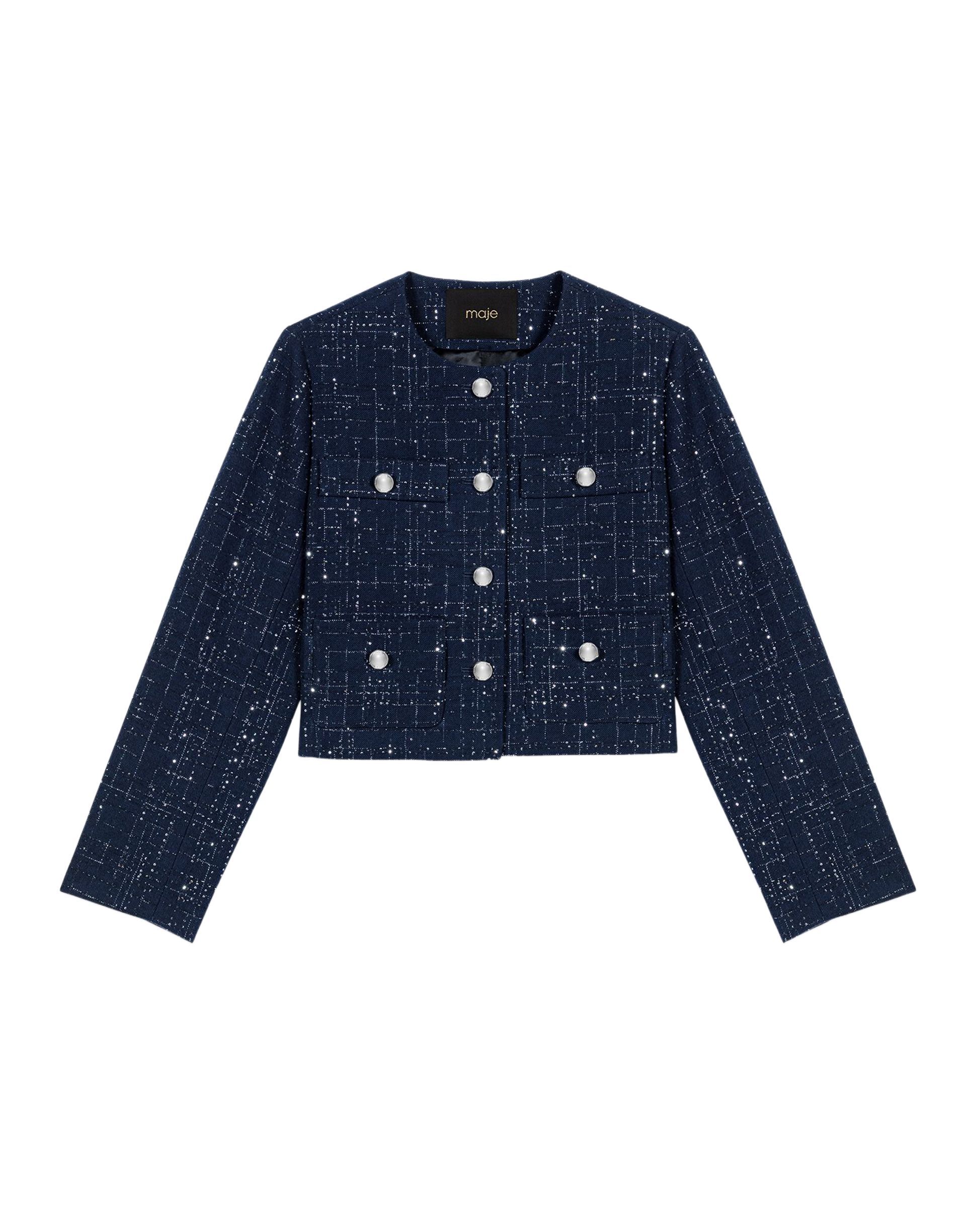 Chaqueta de mujer corta con tweed de cuadros y estrás - Maje - Azul marino Azul marino-8