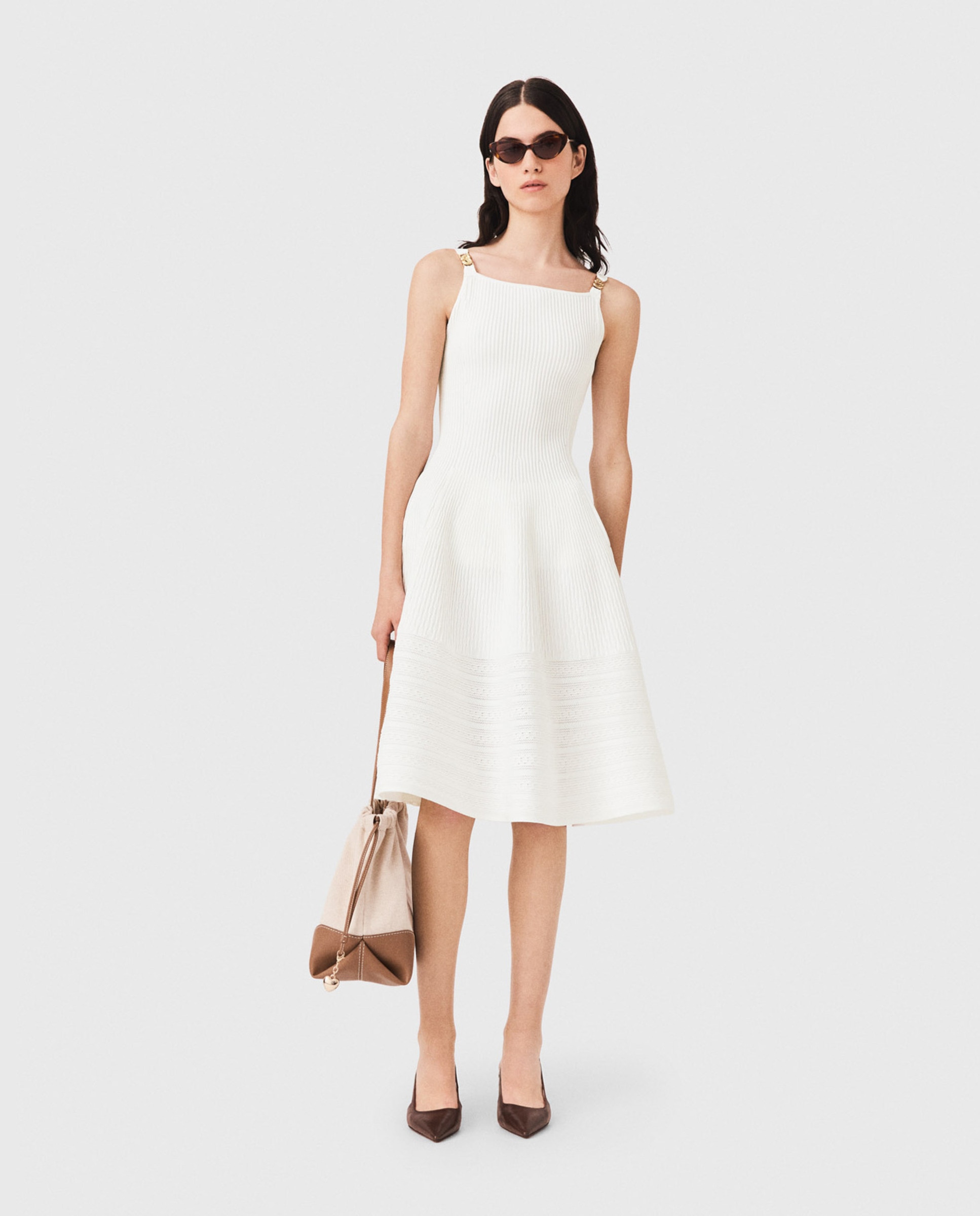 Vestido midi entallado acampanado de punto texturizado - Maje - Blanco Blanco-1