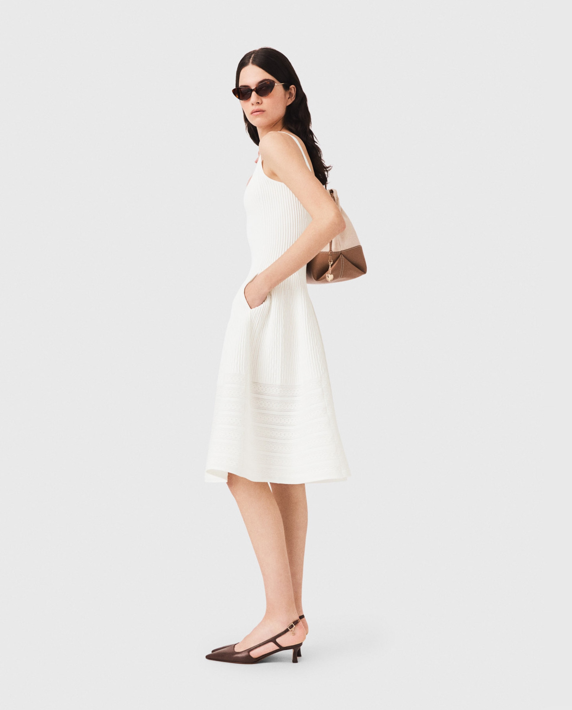 Vestido midi entallado acampanado de punto texturizado - Maje - Blanco Blanco-2
