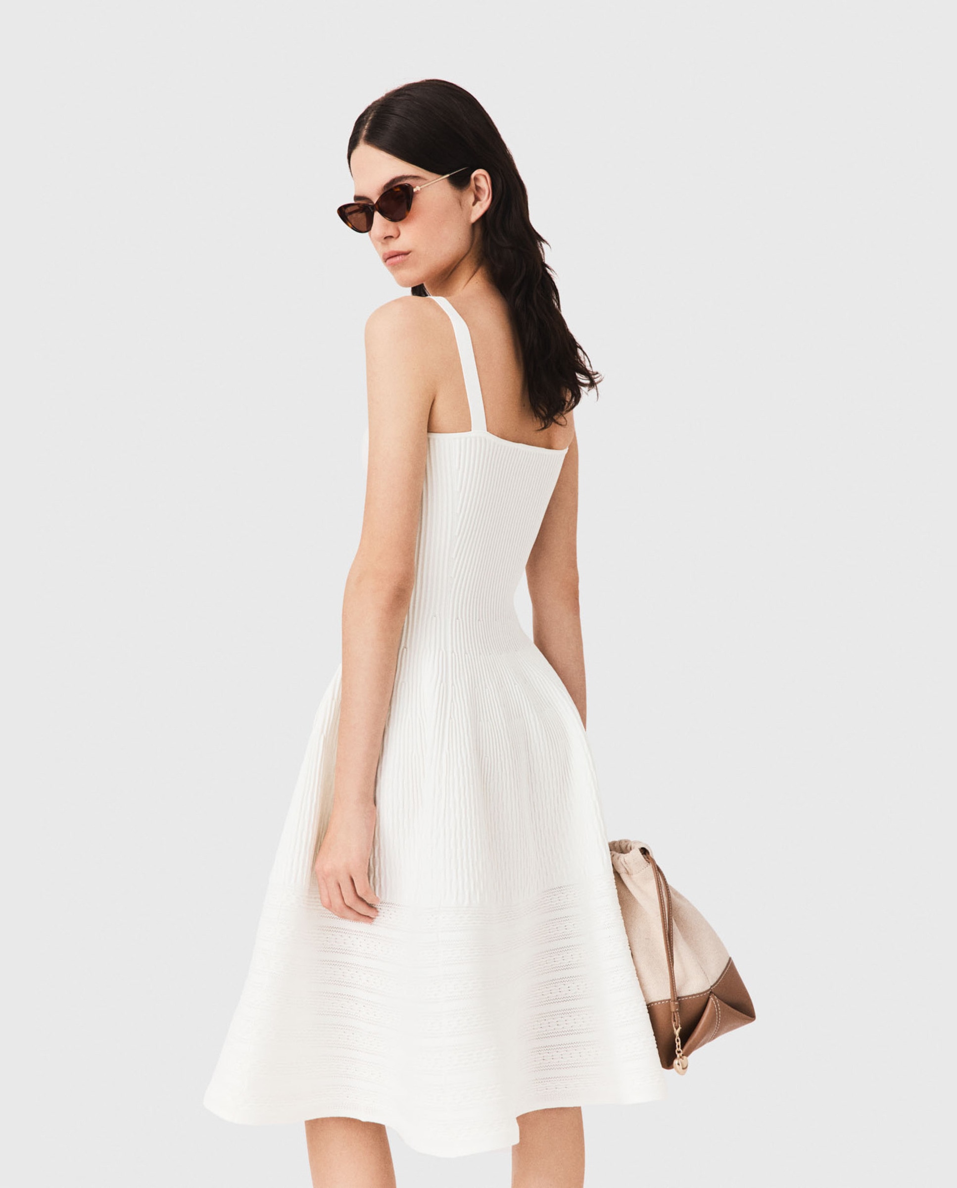 Vestido midi entallado acampanado de punto texturizado - Maje - Blanco Blanco-3