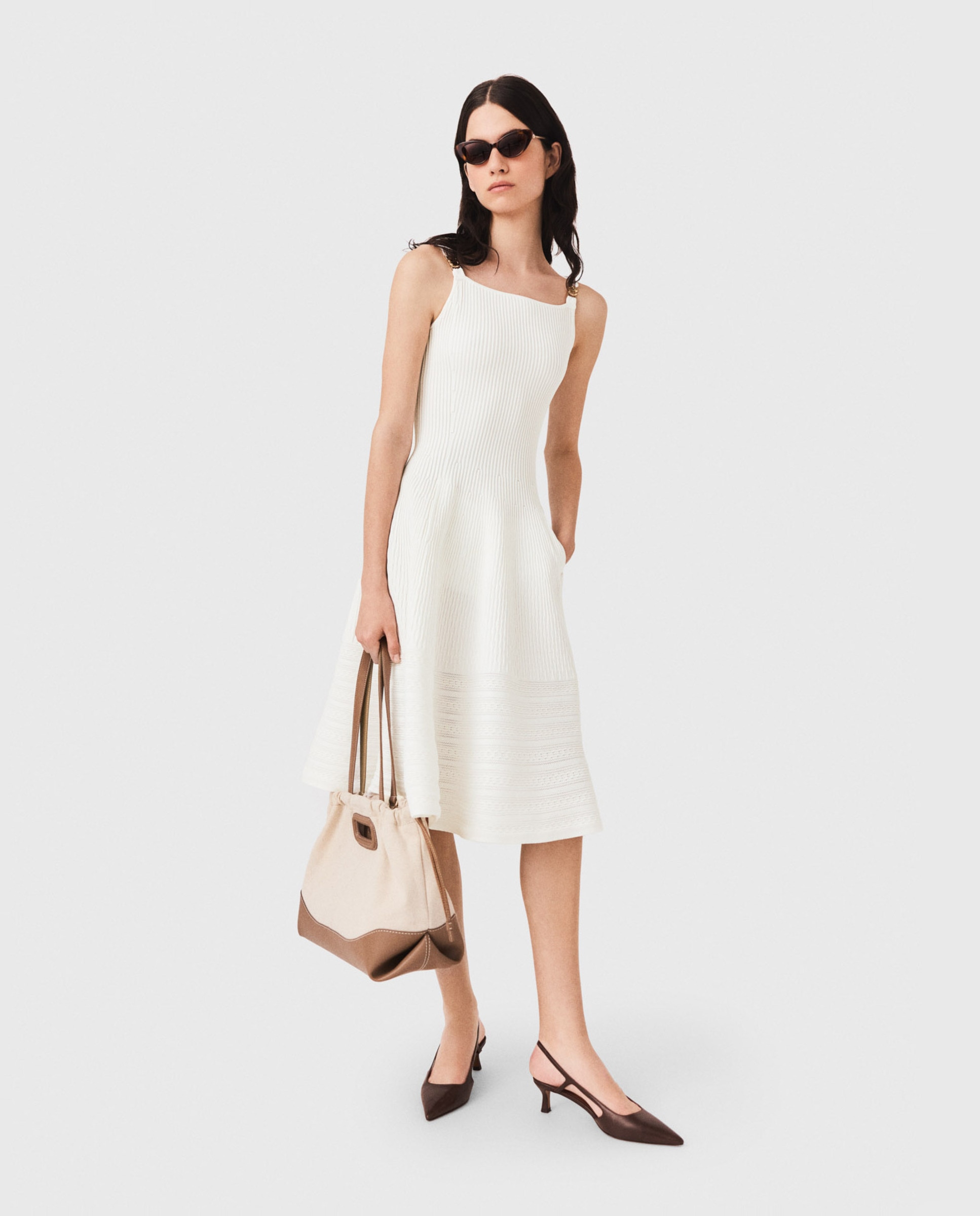 Vestido midi entallado acampanado de punto texturizado - Maje - Blanco Blanco-4