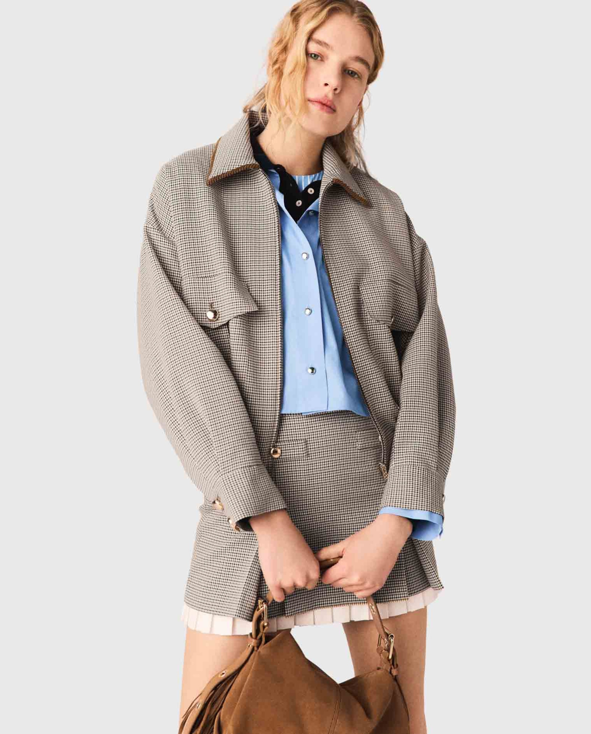 Maje - Cazadora bomber de mujer con estampado de pata de gallo y ribete de pana.