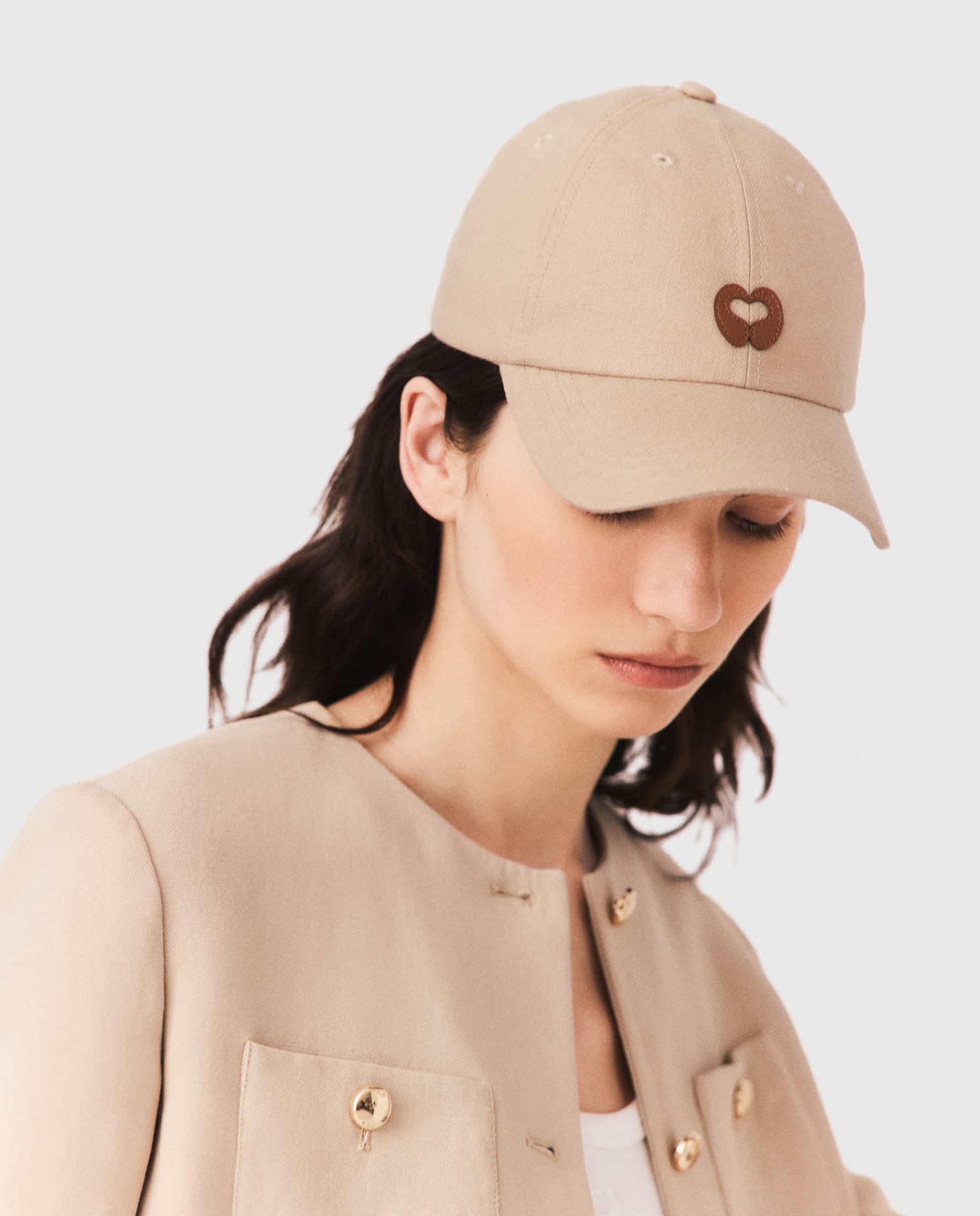 Gorra de mujer de mezcla de lino con logo corazón y correa de piel - Maje - Beige Beige-2