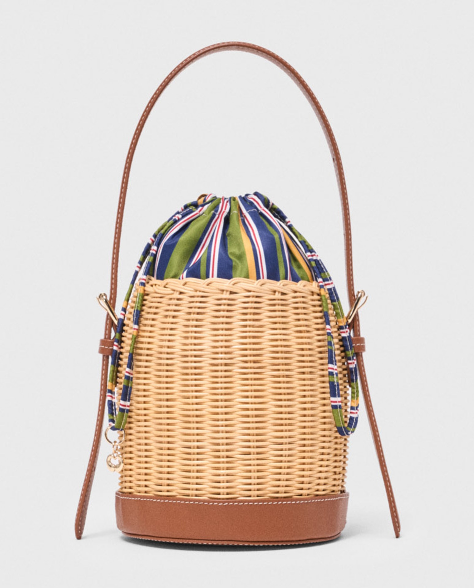 Bolso bombonera de mimbre y piel con saquito estampado - Maje - Natural Natural-1