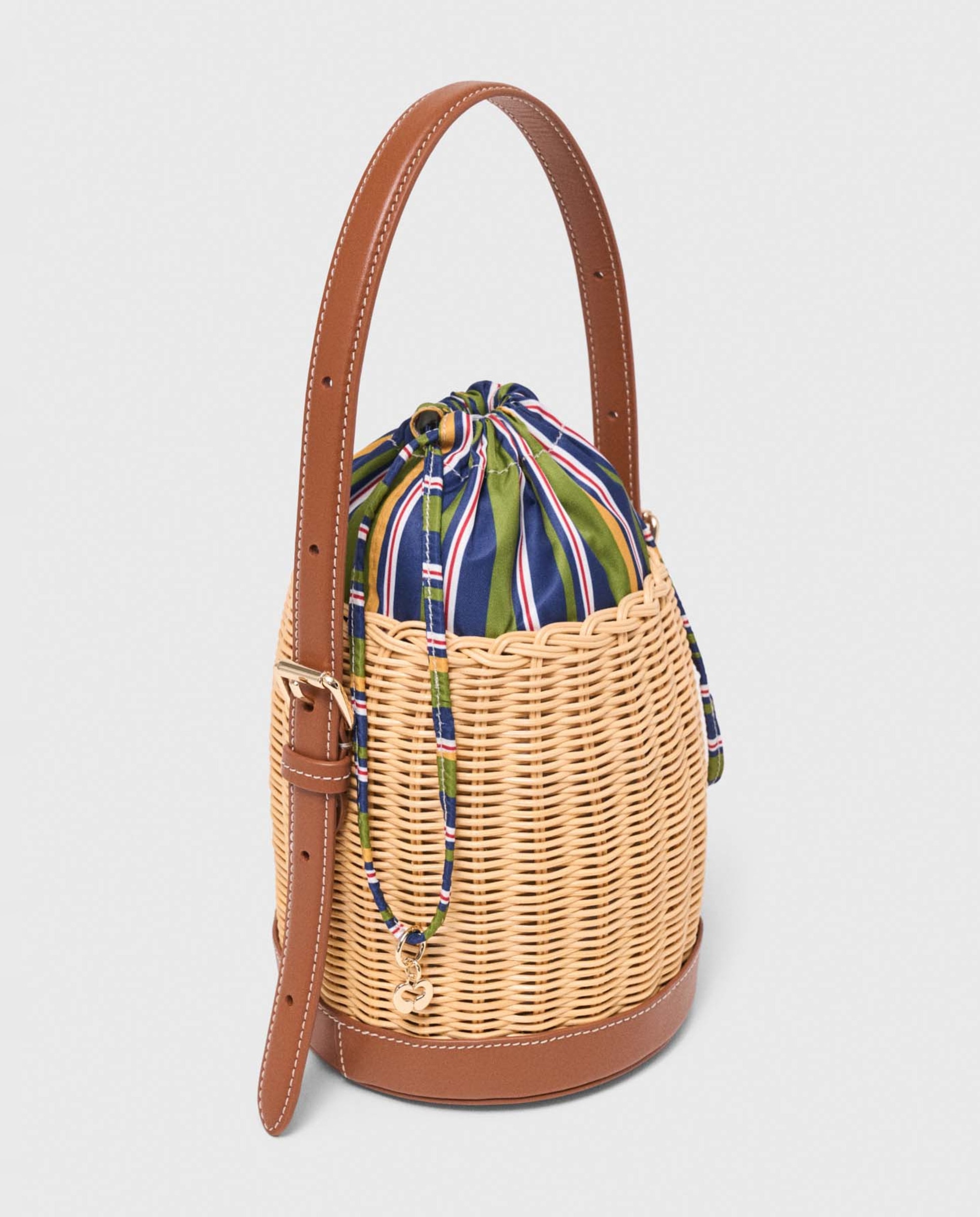 Bolso bombonera de mimbre y piel con saquito estampado - Maje - Natural Natural-7