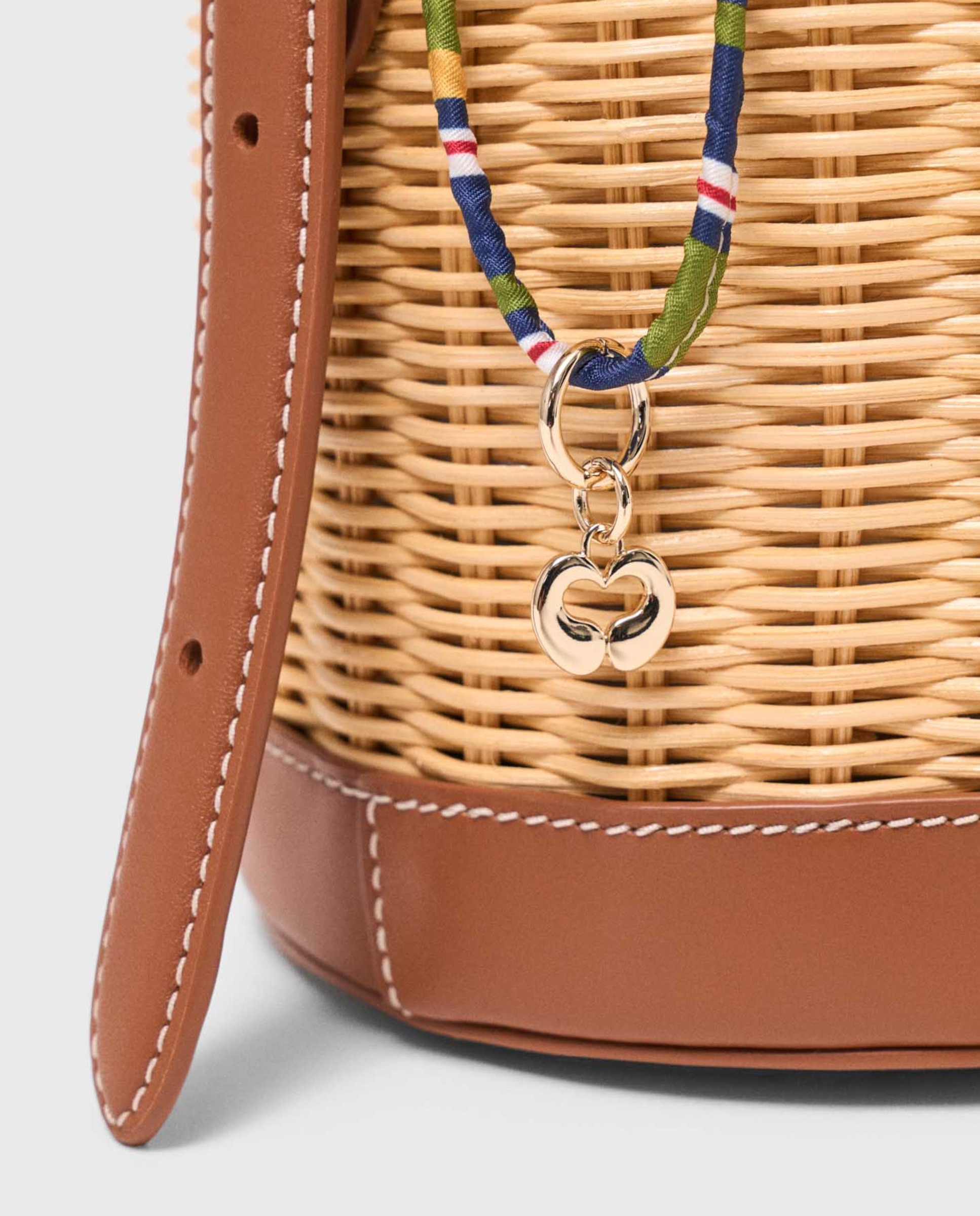 Bolso bombonera de mimbre y piel con saquito estampado - Maje - Natural Natural-8
