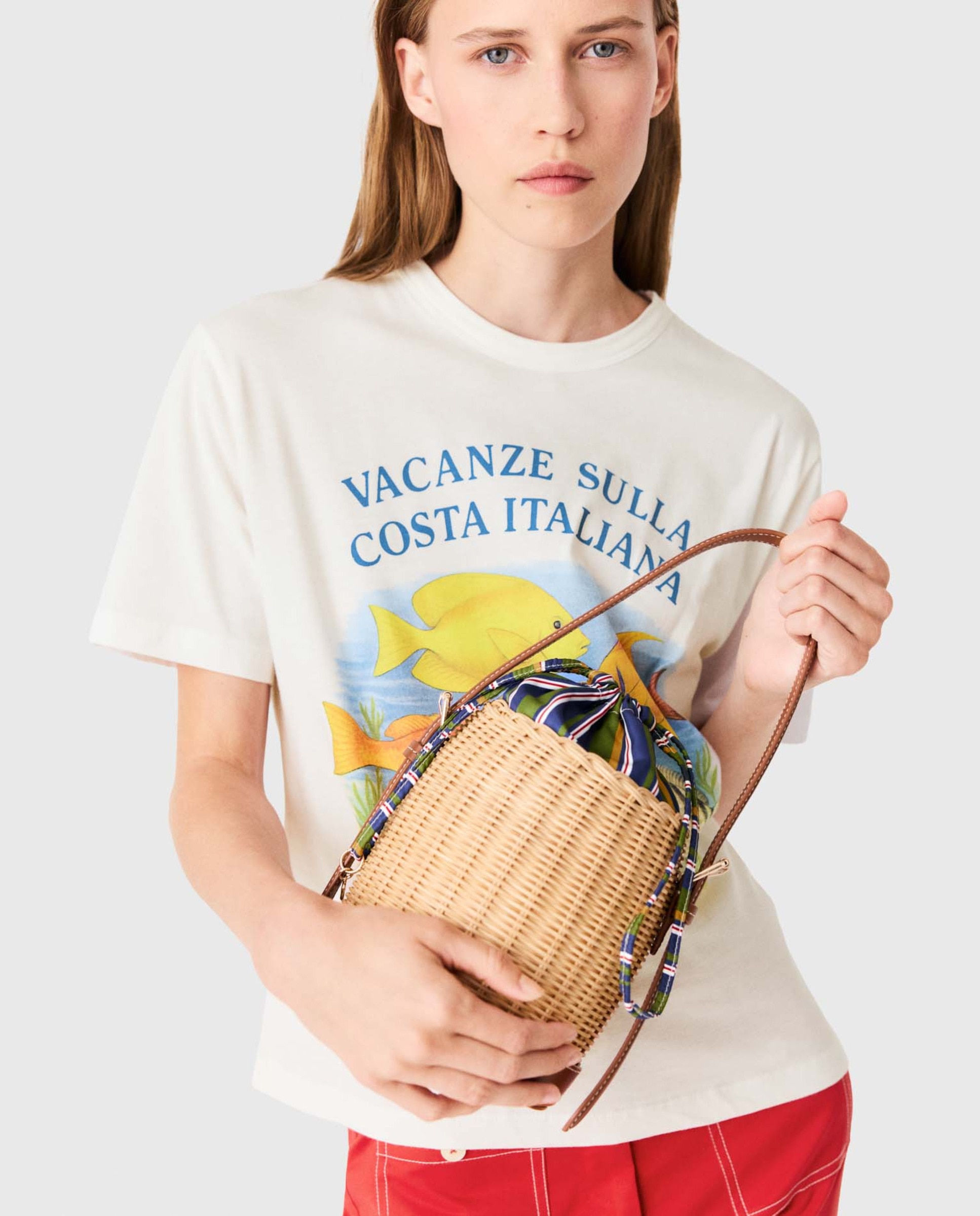 Bolso bombonera de mimbre y piel con saquito estampado - Maje - Natural Natural-6