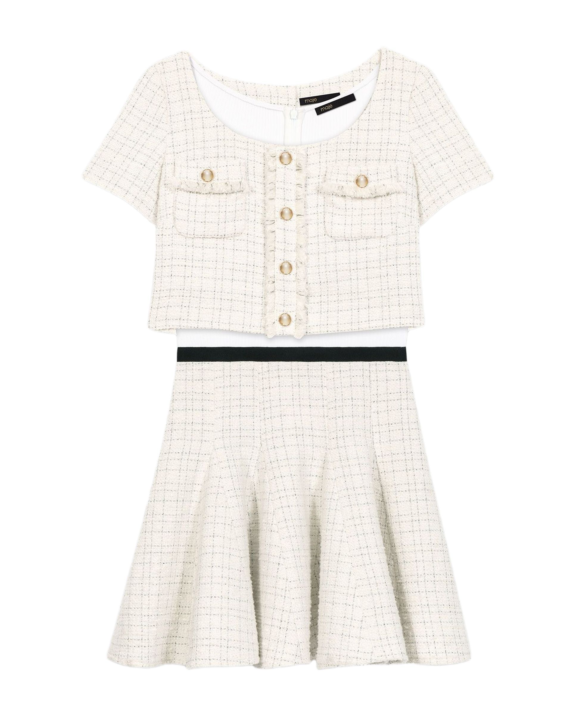 Maje - Vestido corto 2 en 1 con top de punto y falda tweed de algodón.