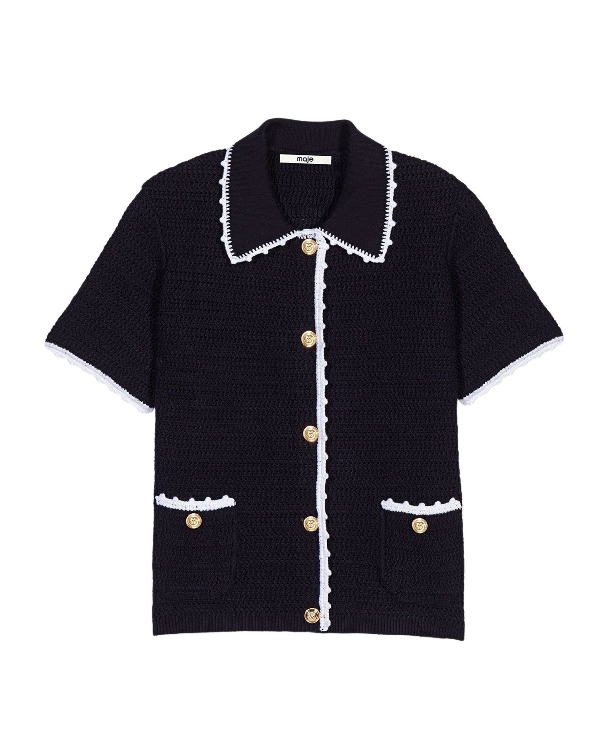 Cárdigan de punto de mujer con cuello polo, acabados festoneados y botones joya - Maje - Azul marino Azul marino-7