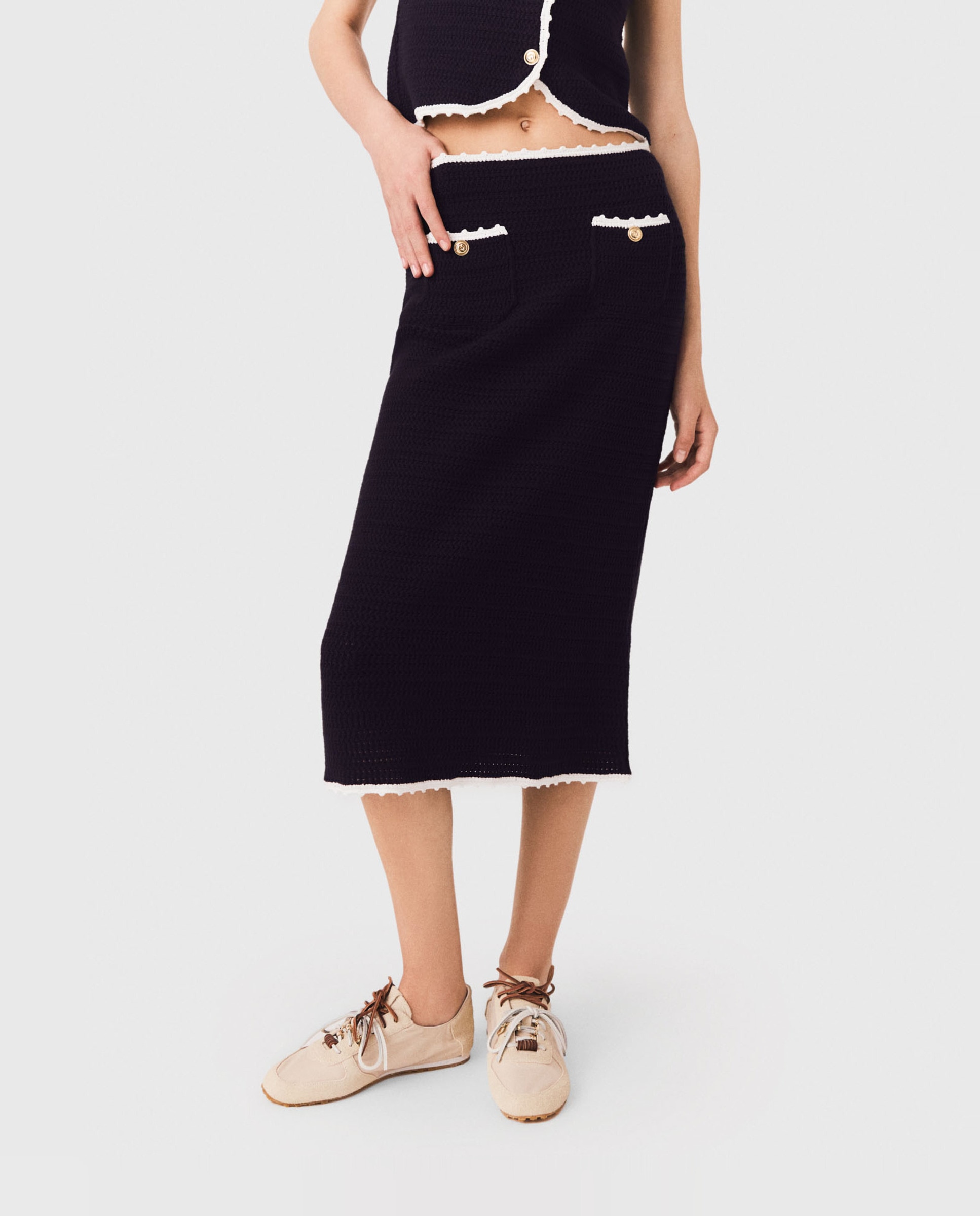 Falda midi recta con acabados de ganchillo - Maje - Azul marino Azul marino-2