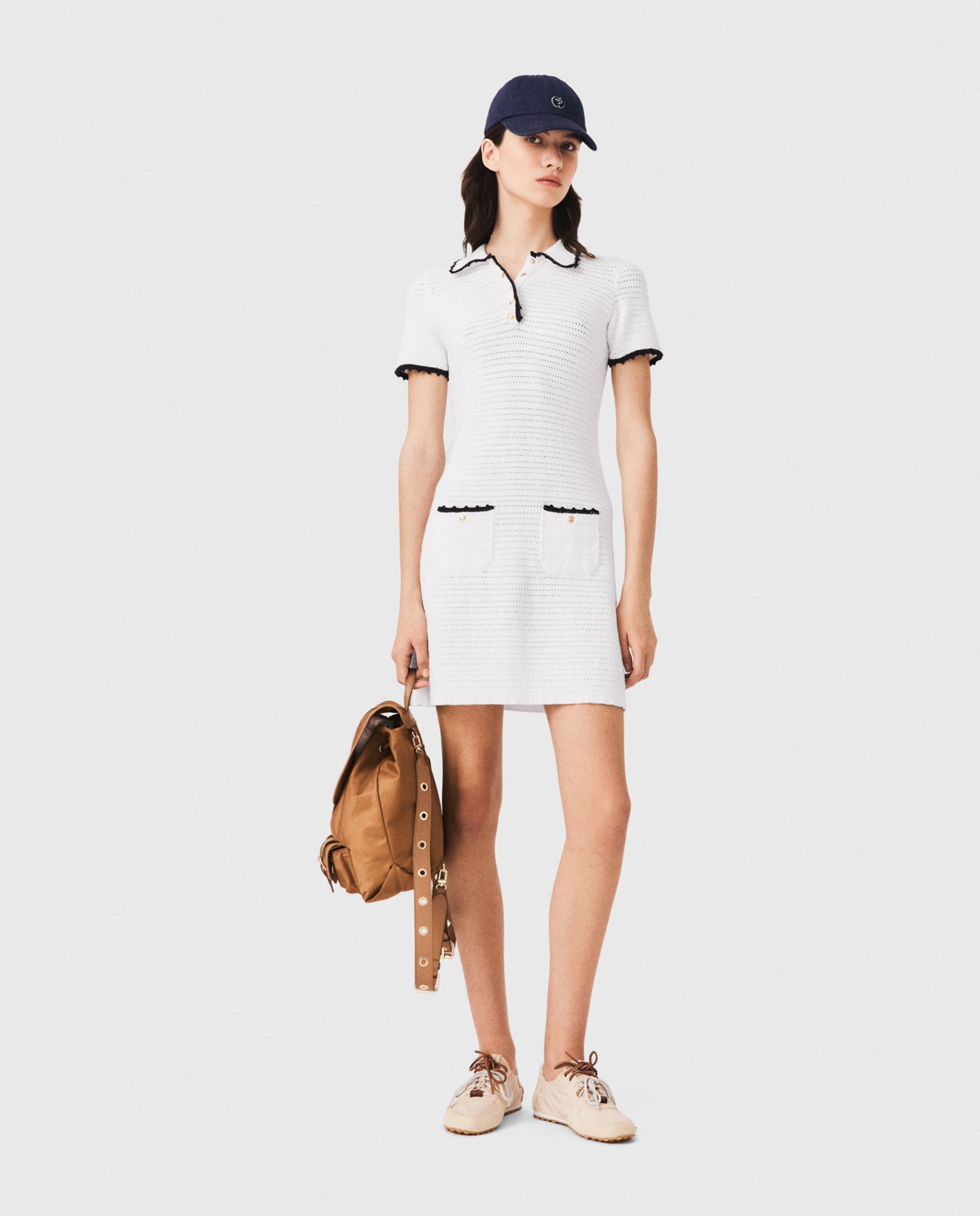 Vestido corto con cuello polo de punto calado y ganchillo - Maje - Blanco Blanco-1