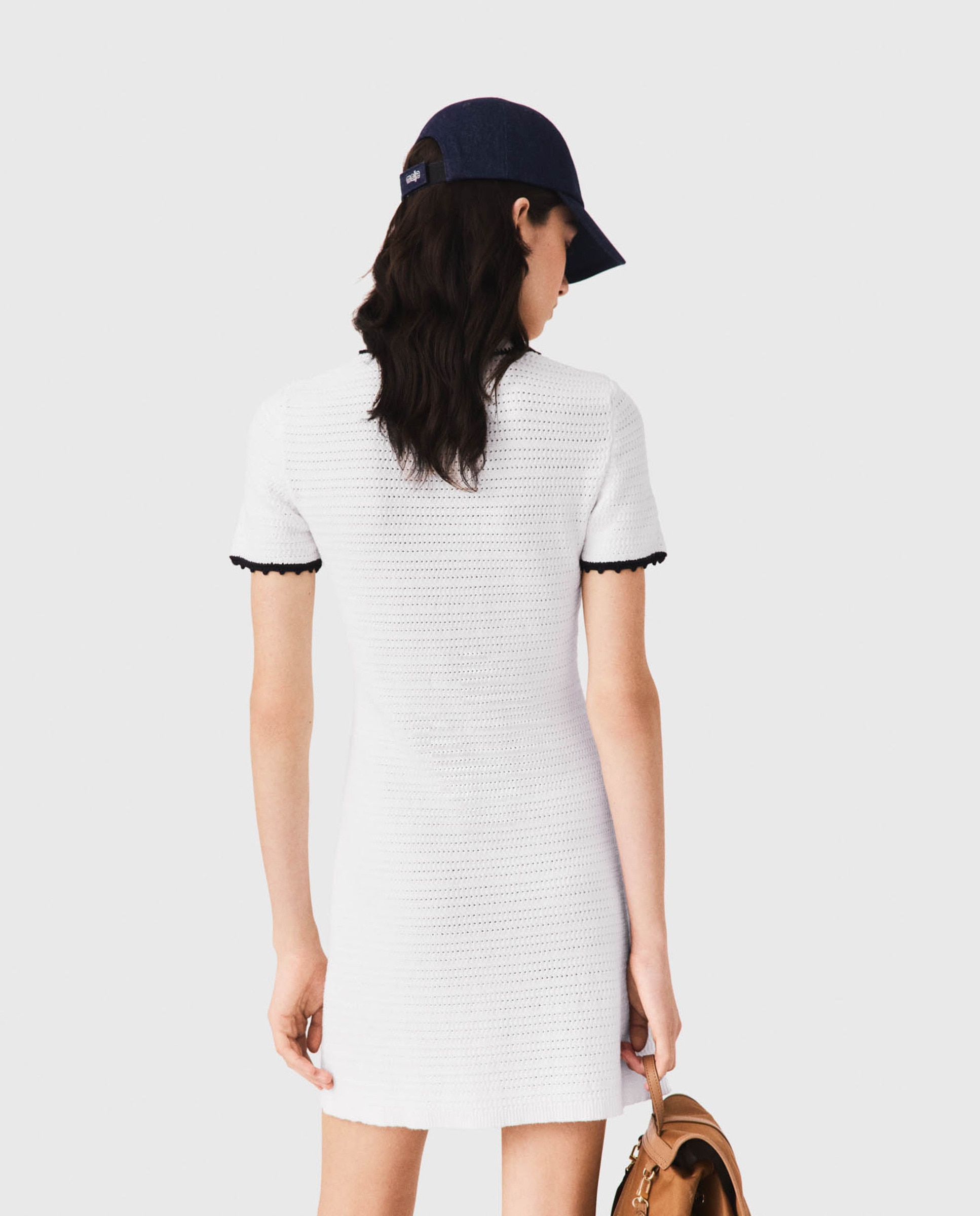 Vestido corto con cuello polo de punto calado y ganchillo - Maje - Blanco Blanco-3