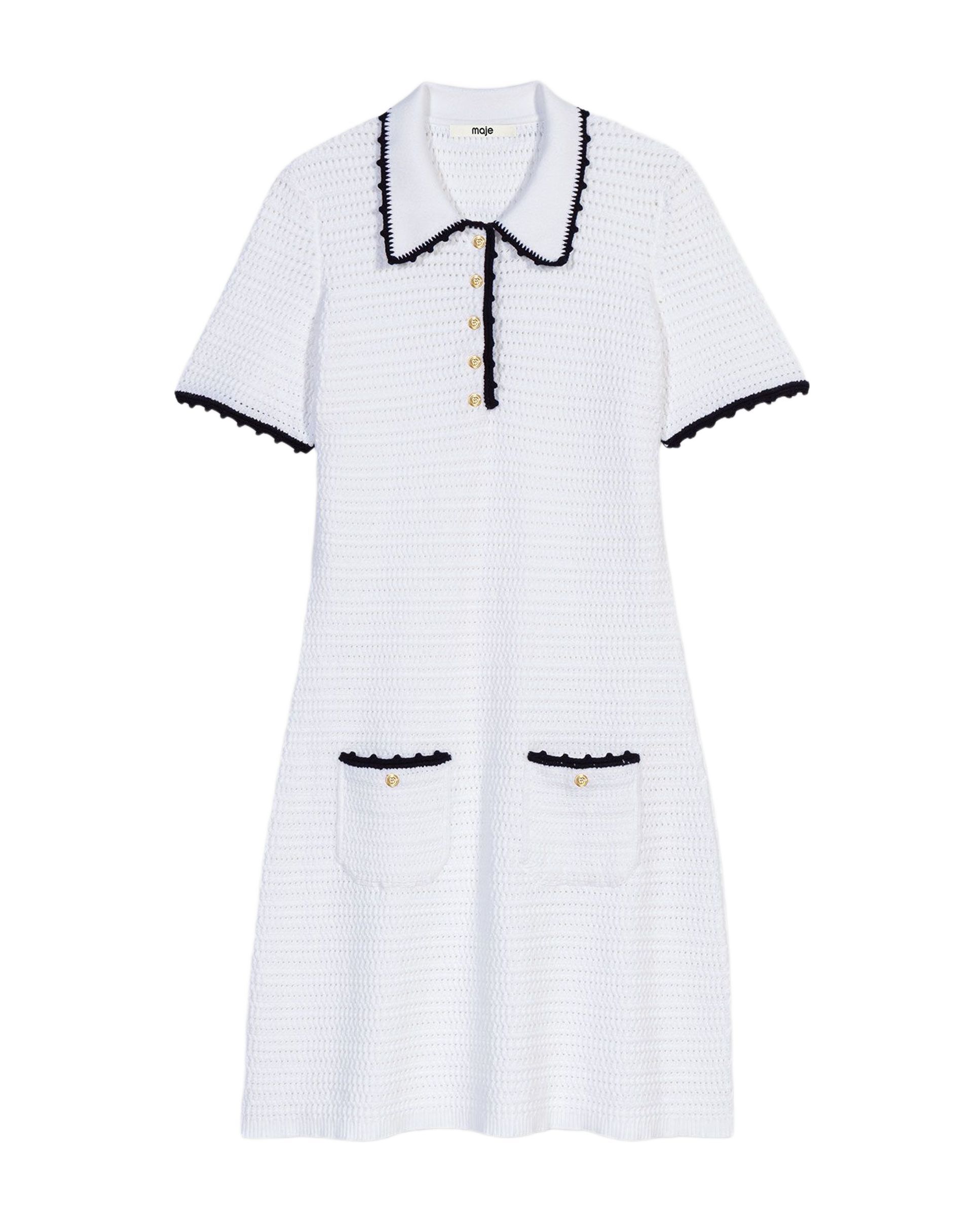Vestido corto con cuello polo de punto calado y ganchillo - Maje - Blanco Blanco-8