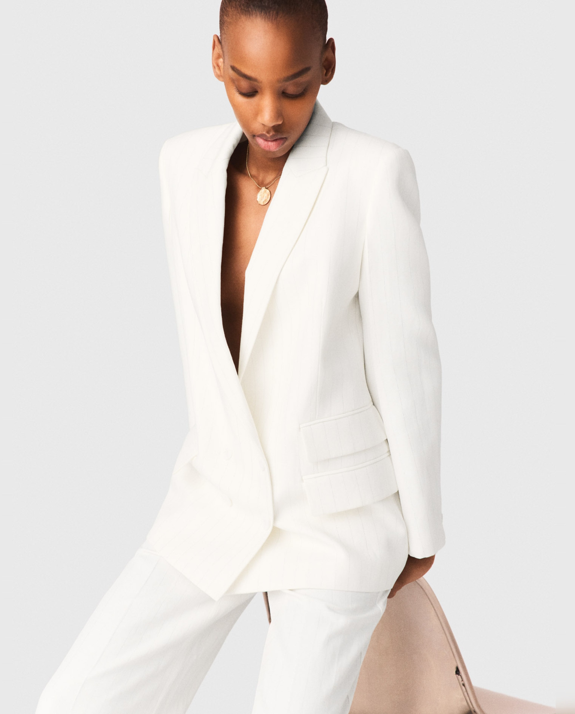 Blazer de mujer cruzada con raya diplomática - Maje - Blanco Blanco-6