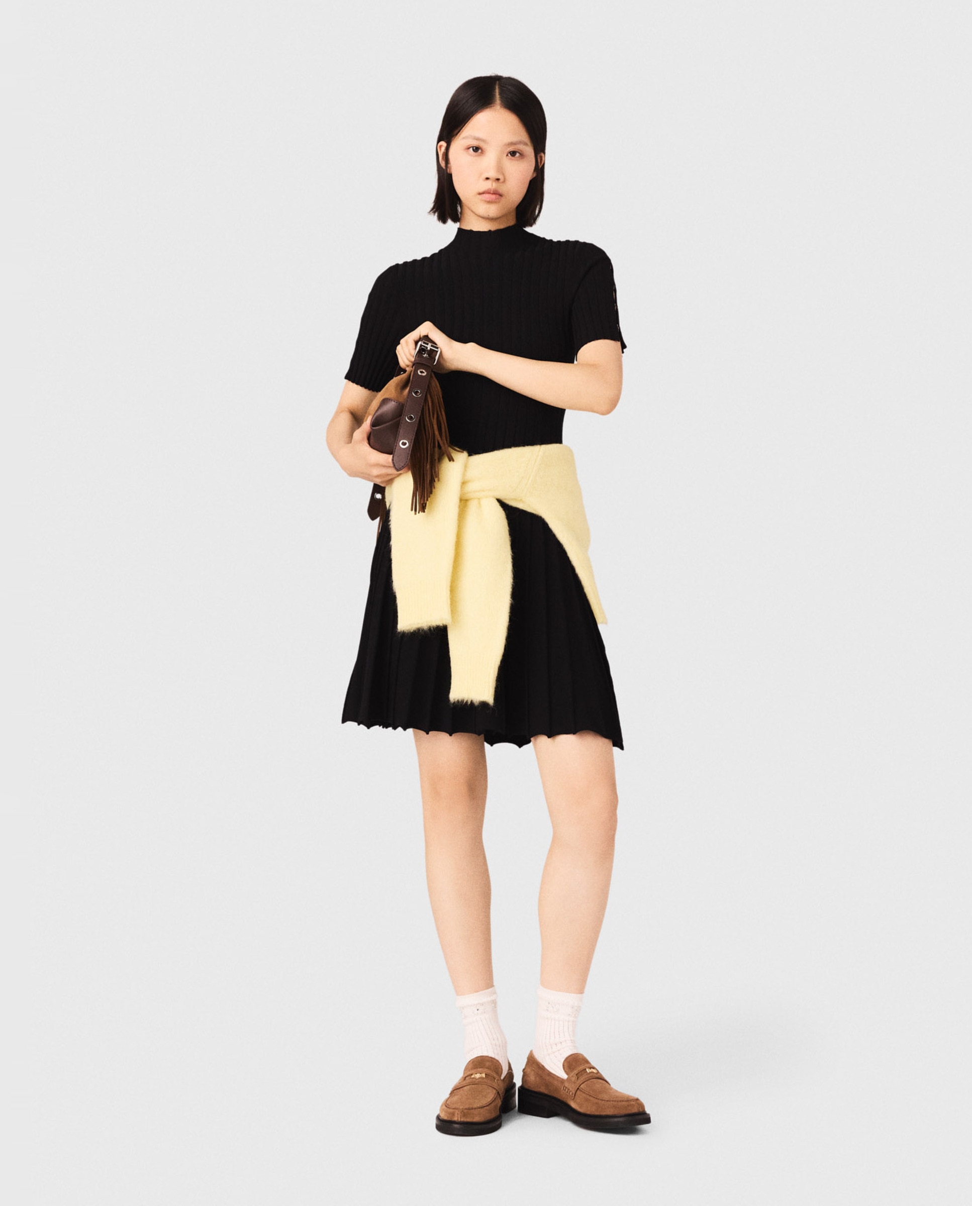 Vestido corto de punto acanalado con cuello alto - Maje - Negro Negro-1