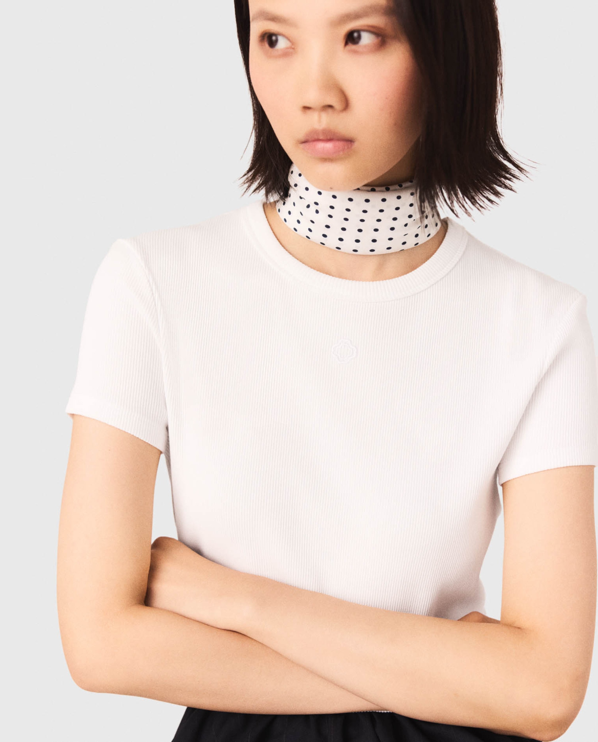 Camiseta de mujer de algodón de canalé con bordado - Maje - Blanco Blanco-6
