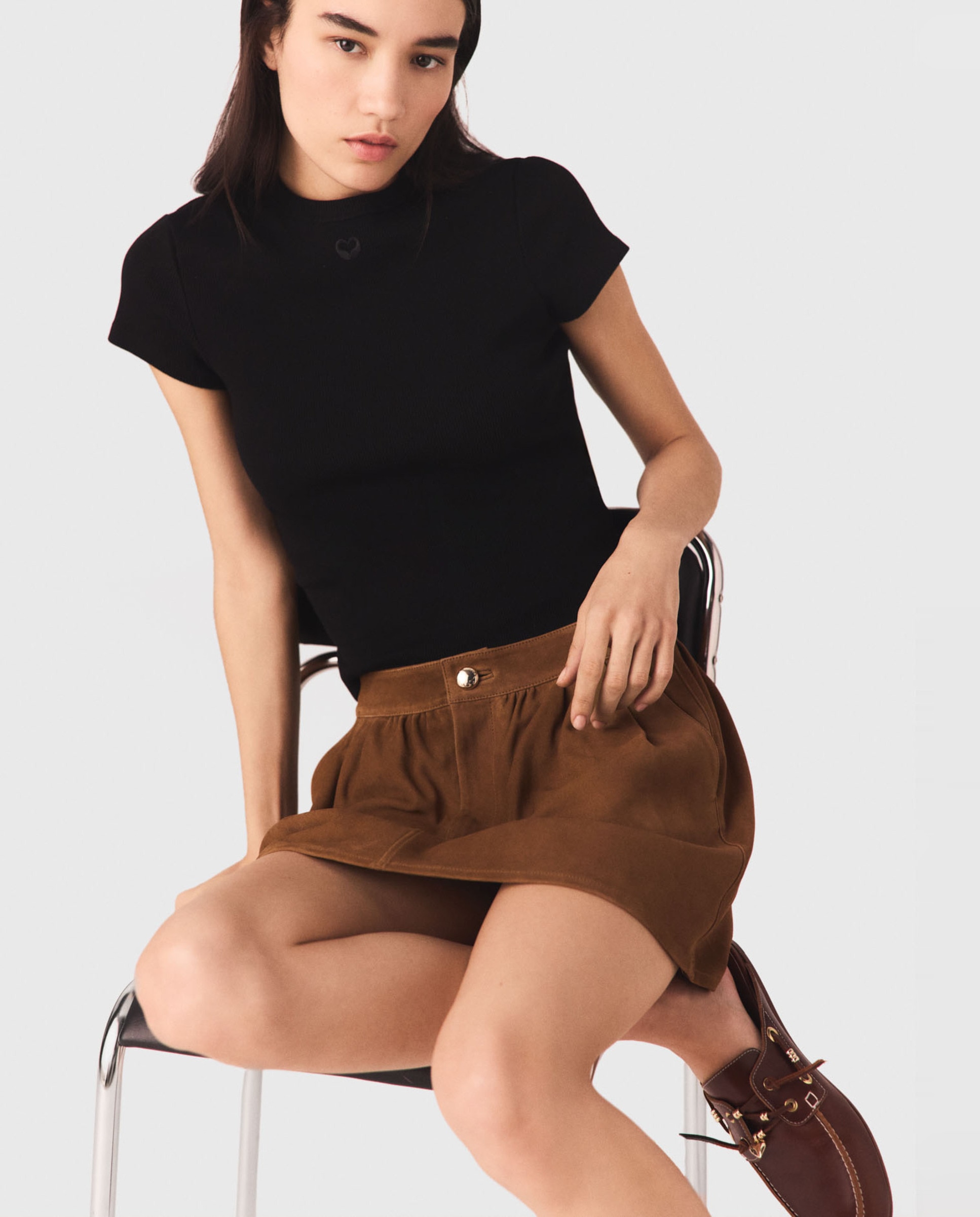 Camiseta de mujer de algodón de canalé con bordado - Maje - Negro Negro-1