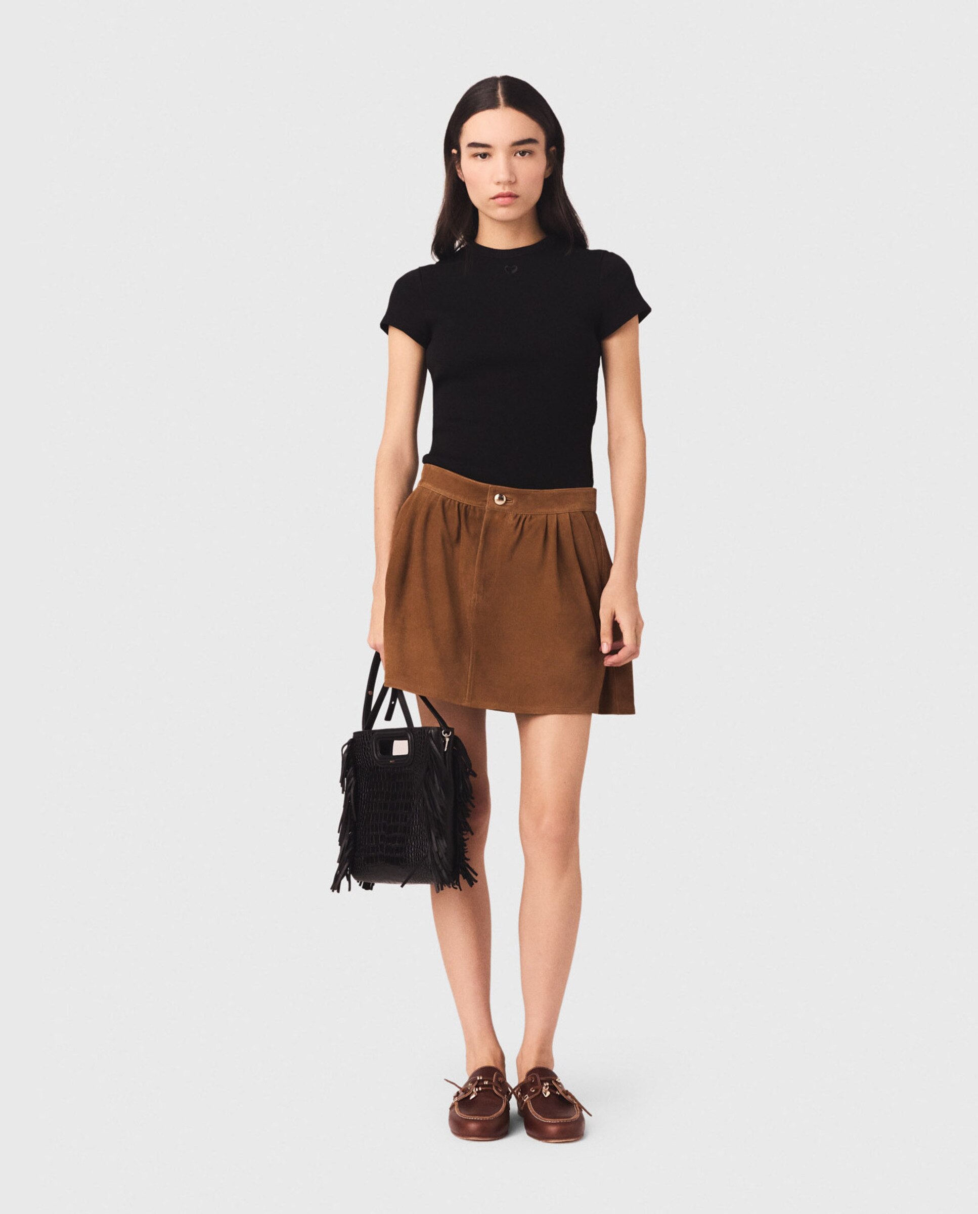 Camiseta de mujer de algodón de canalé con bordado - Maje - Negro Negro-4