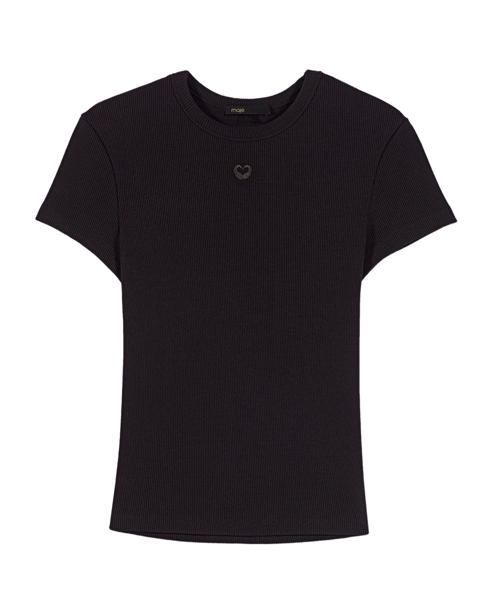 Camiseta de mujer de algodón de canalé con bordado - Maje - Negro Negro-6