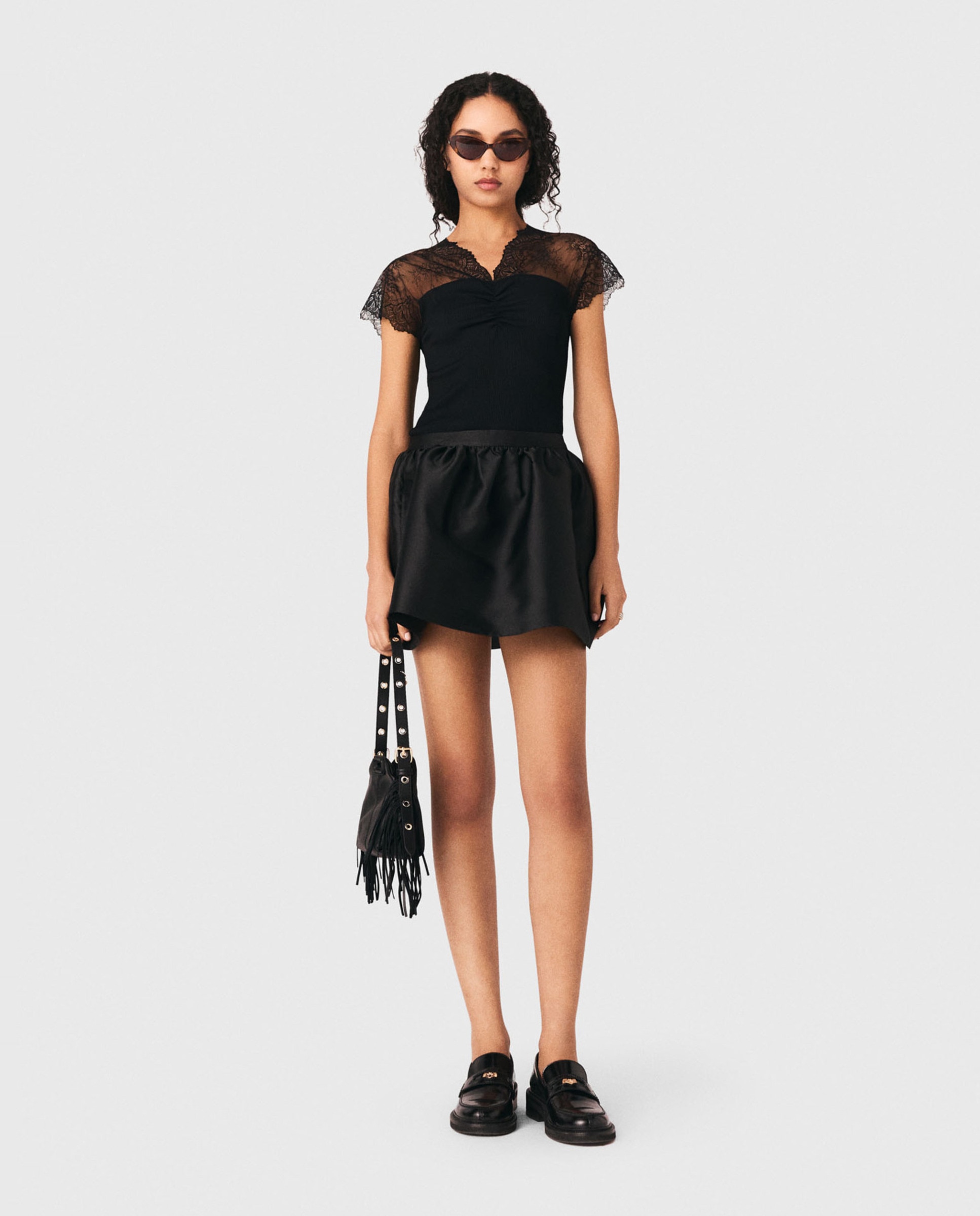 Top de mujer de punto con encajes incrustados - Maje - Negro Negro-4