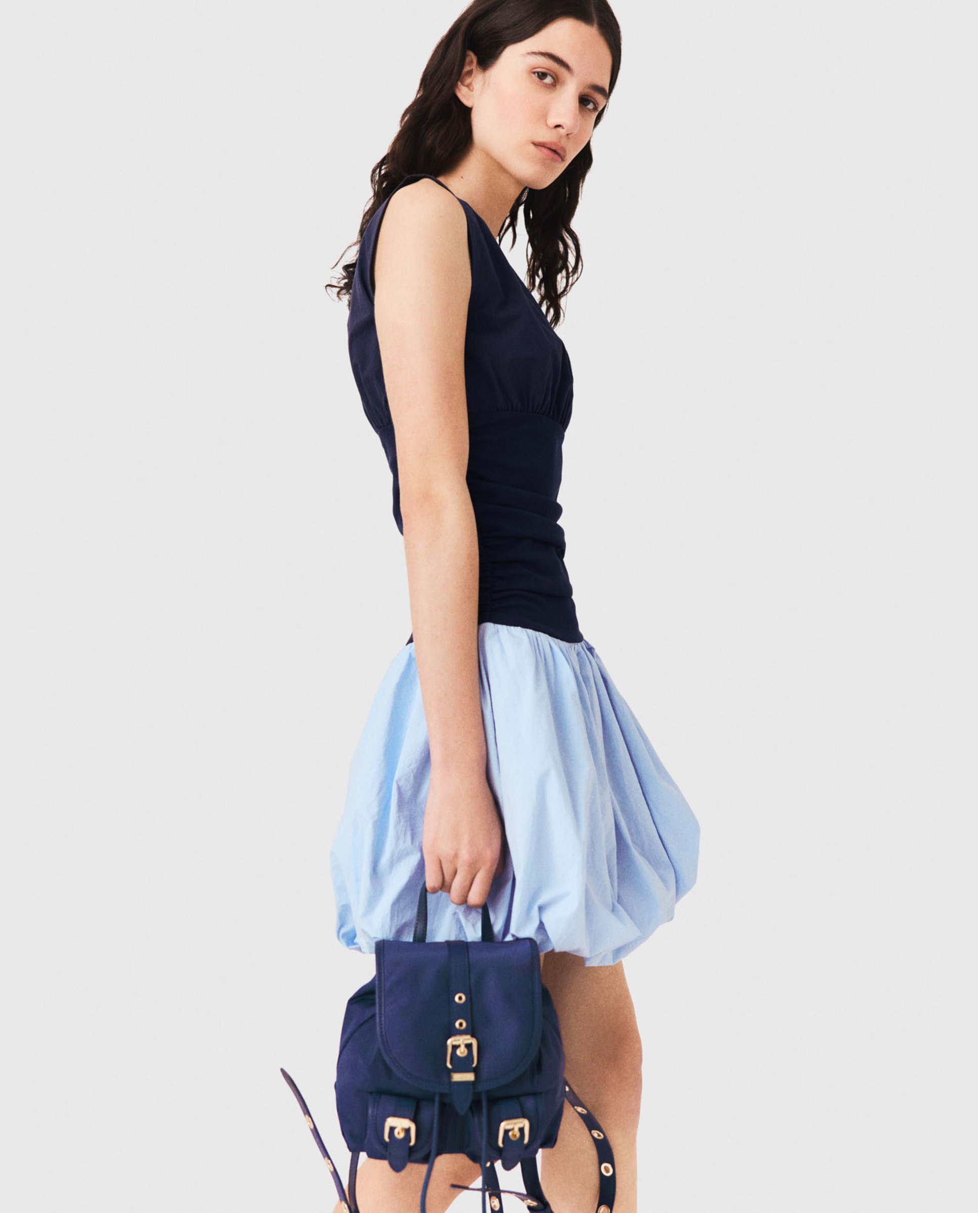 Vestido corto de punto y algodón con falda globo - Maje - Azul Azul-2