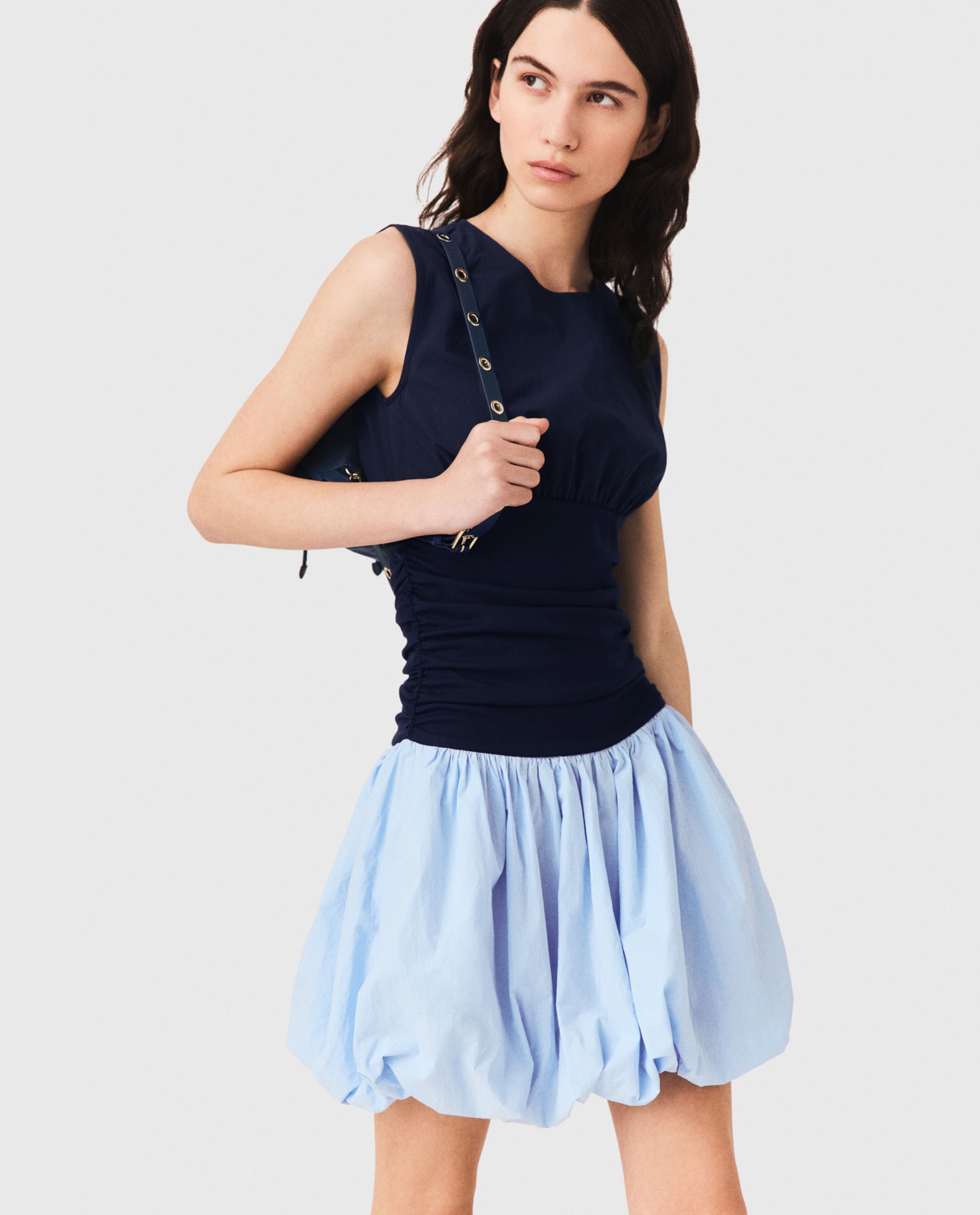 Vestido corto de punto y algodón con falda globo - Maje - Azul Azul-4