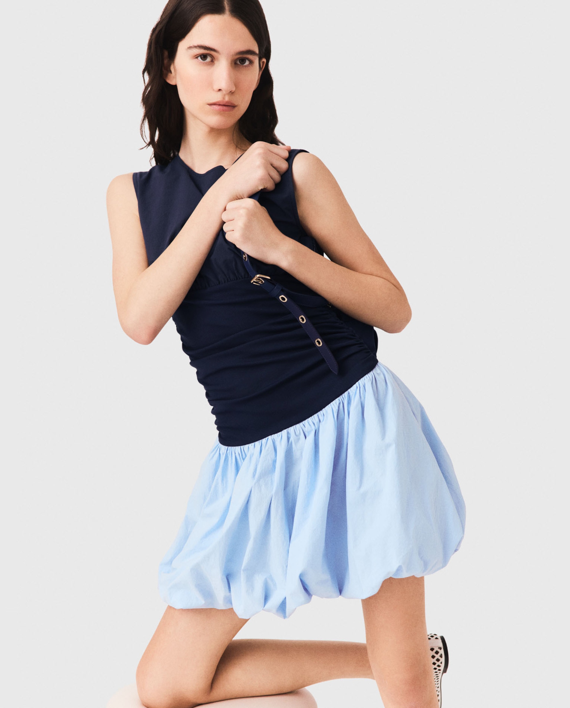 Vestido corto de punto y algodón con falda globo - Maje - Azul Azul-5