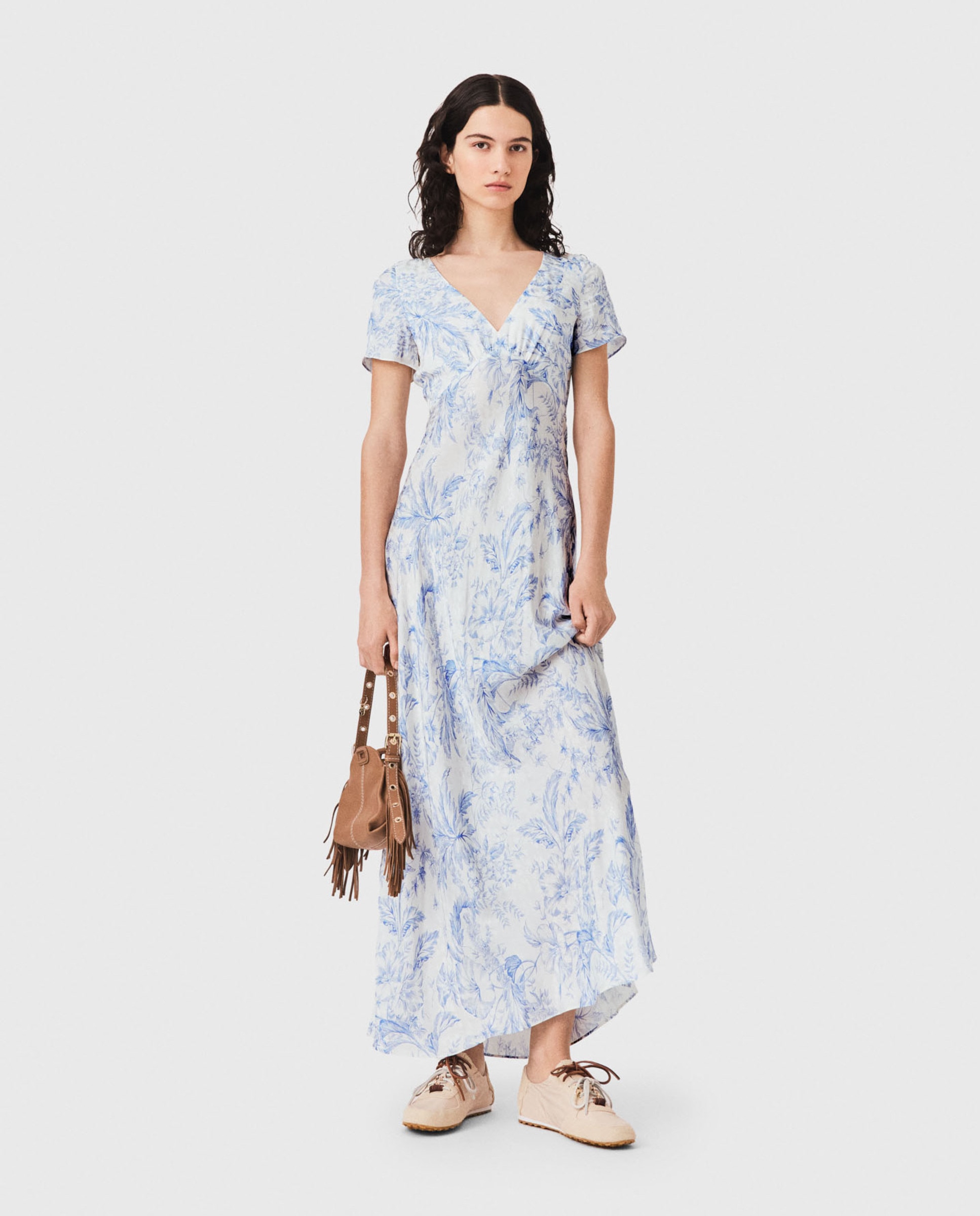 Vestido largo fluido floral con escote pico - Maje - Azul claro Azul claro-1