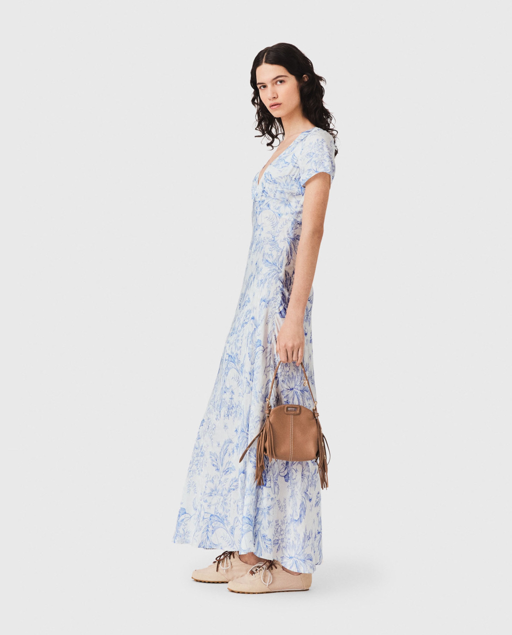 Vestido largo fluido floral con escote pico - Maje - Azul claro Azul claro-2