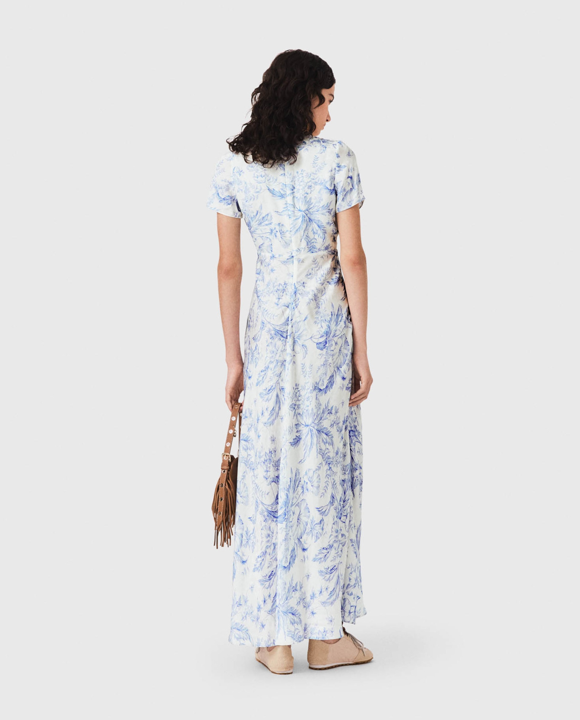 Vestido largo fluido floral con escote pico - Maje - Azul claro Azul claro-3