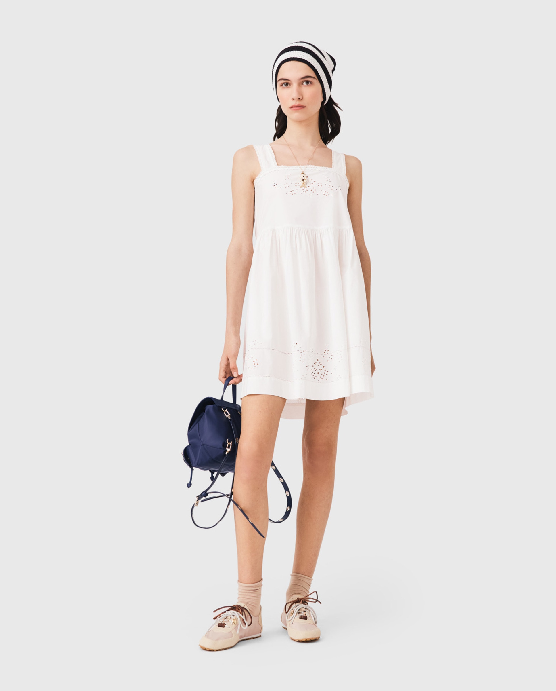 Vestido corto de algodón, corte imperio acampanado y encaje calado - Maje - Blanco Blanco-1