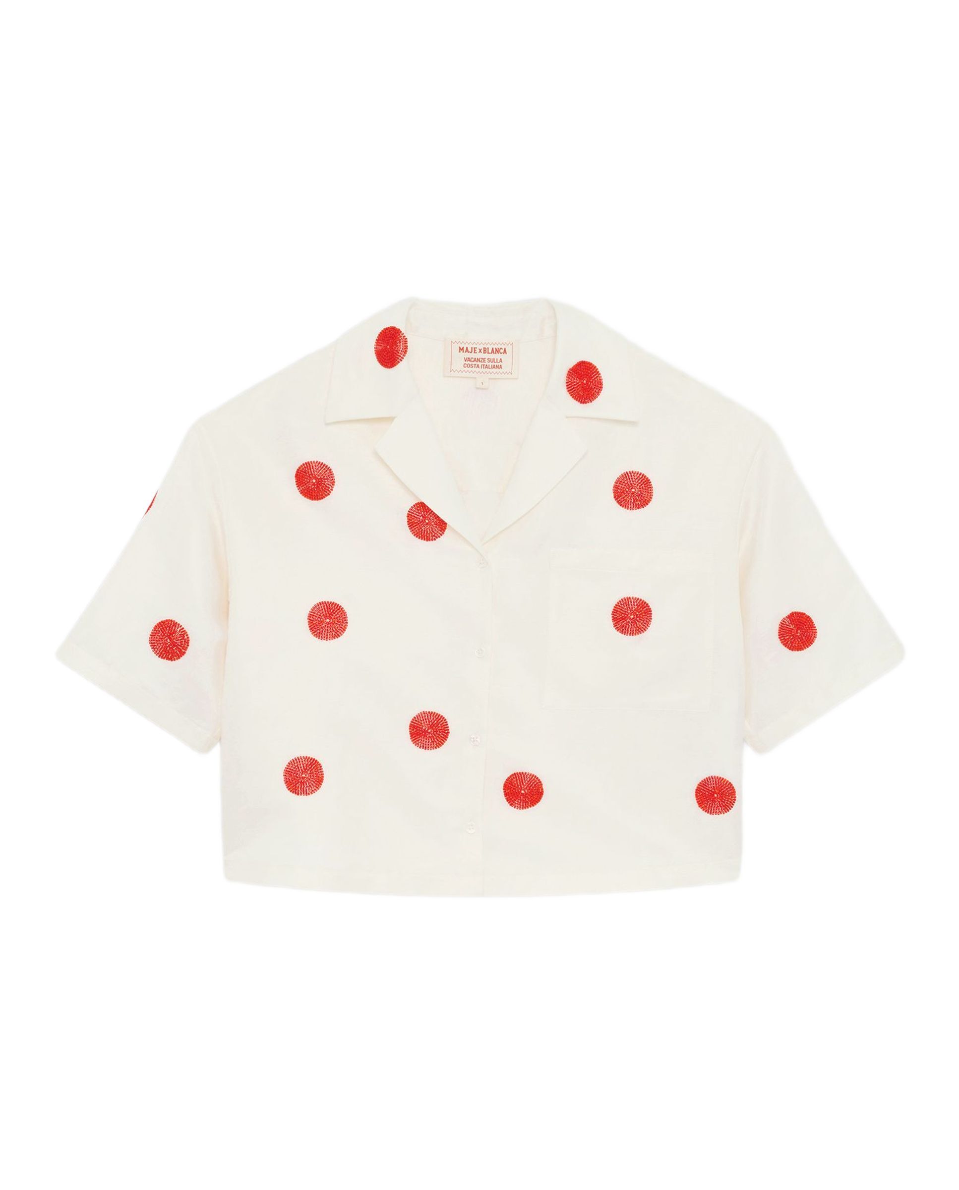 Camisa de mujer corta con lino y seda bordada con perlas - Maje - Blanco Blanco-7