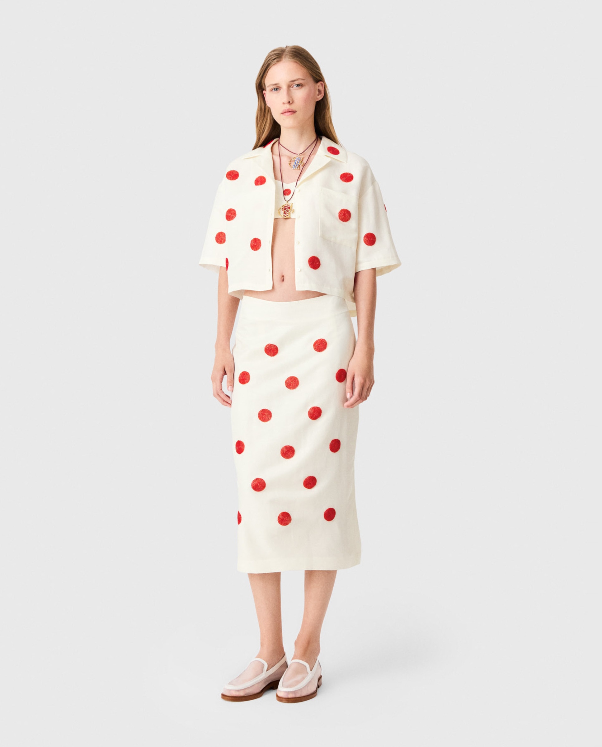 Maje - Falda midi tubo de talle alto con lunares bordados de lino y seda.