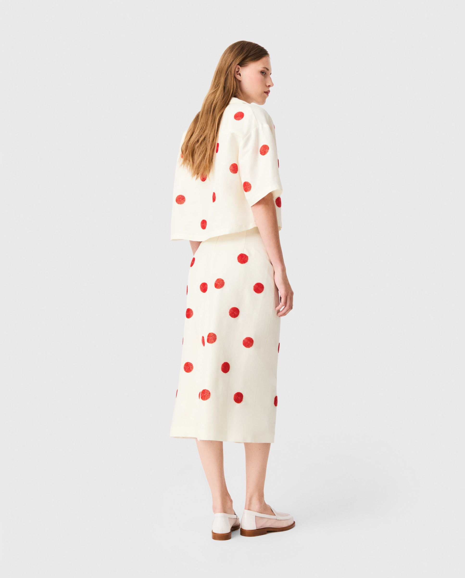 Falda midi tubo de talle alto con lunares bordados de lino y seda - Maje - Blanco Blanco-2