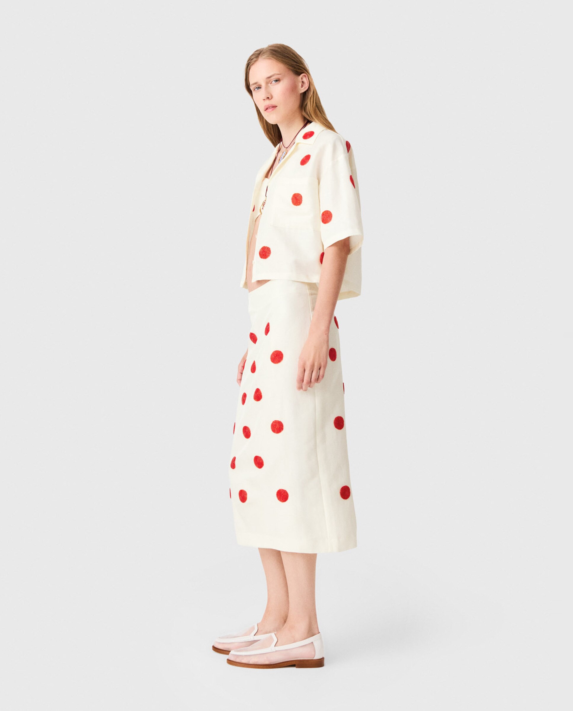 Falda midi tubo de talle alto con lunares bordados de lino y seda - Maje - Blanco Blanco-3